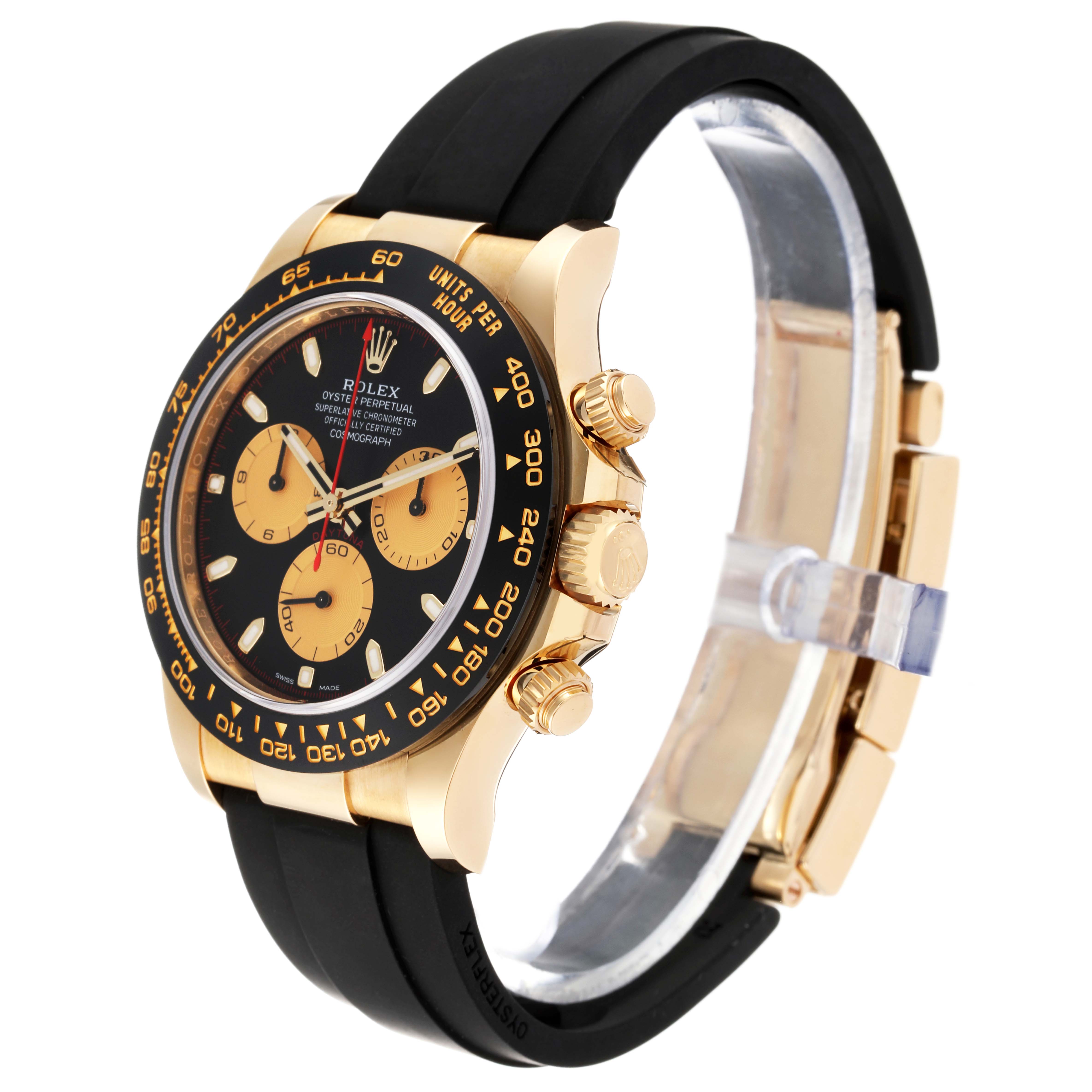 The image shows a Rolex Daytona 116518LN Men's Yellow Gold Black Dial 116518LN Men's Yellow Gold Black Dial watch at a slight side angle, highlighting the bezel, dial, pushers, and rubber strap.