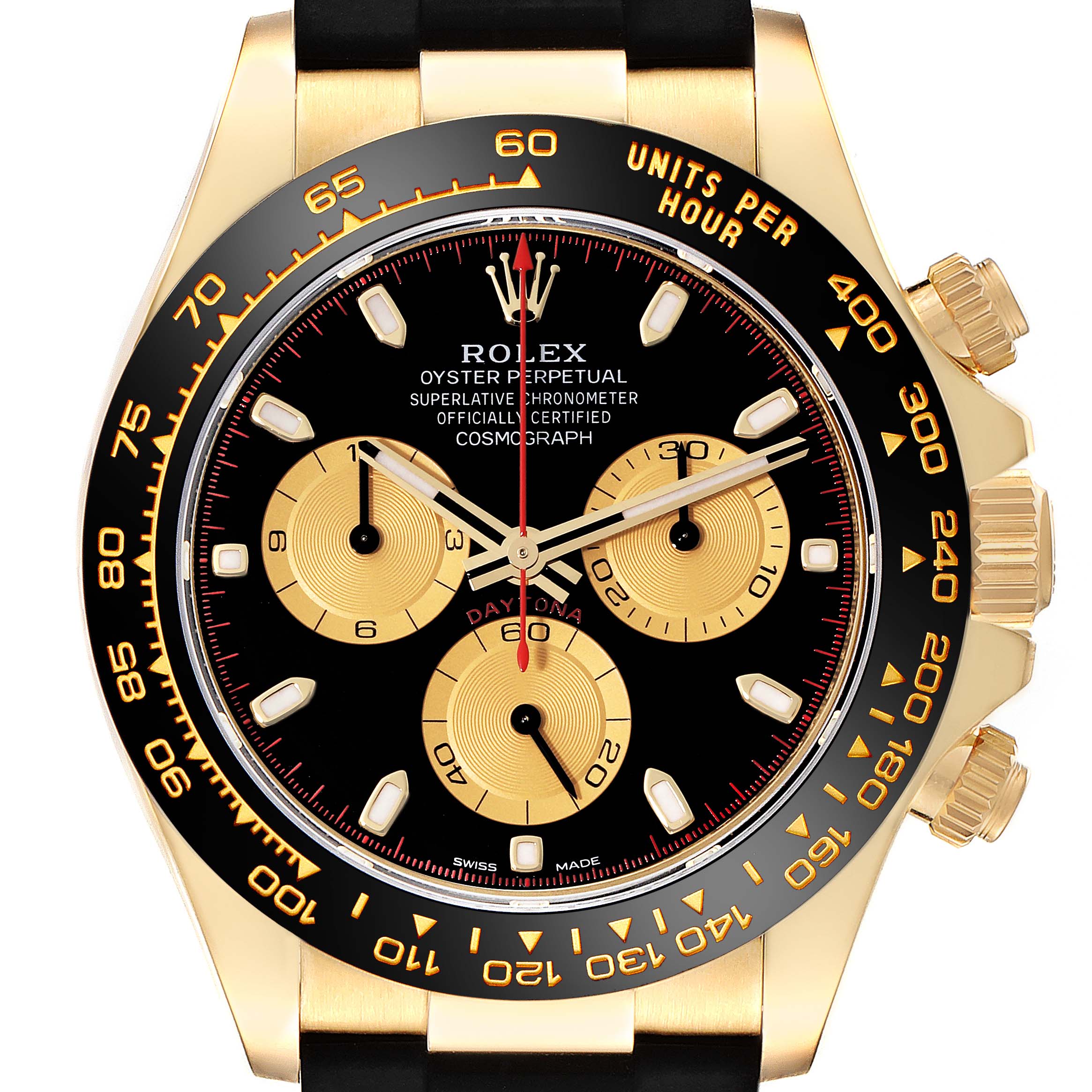 The image shows a front view of a Rolex Daytona 116518LN Men's Yellow Gold Black Dial 116518LN Men's Yellow Gold Black Dial watch, featuring its face, three sub-dials, bezel, and crown.