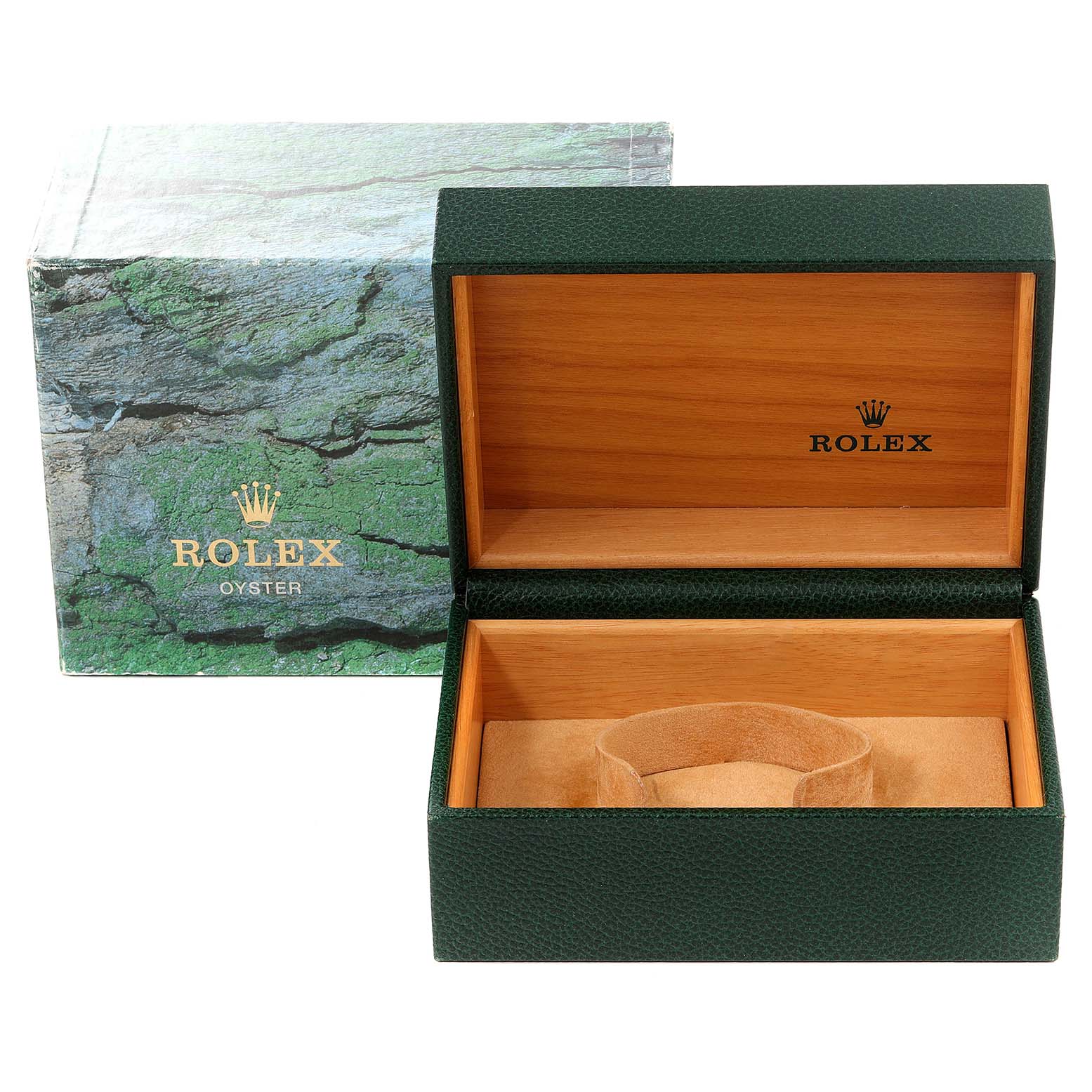 The image shows an open Rolex box with its lid and velvet cushion insert, meant for the Rolex Explorer 16570 Men's Stainless Steel White Dial 16570 Men's Stainless Steel White Dial model.