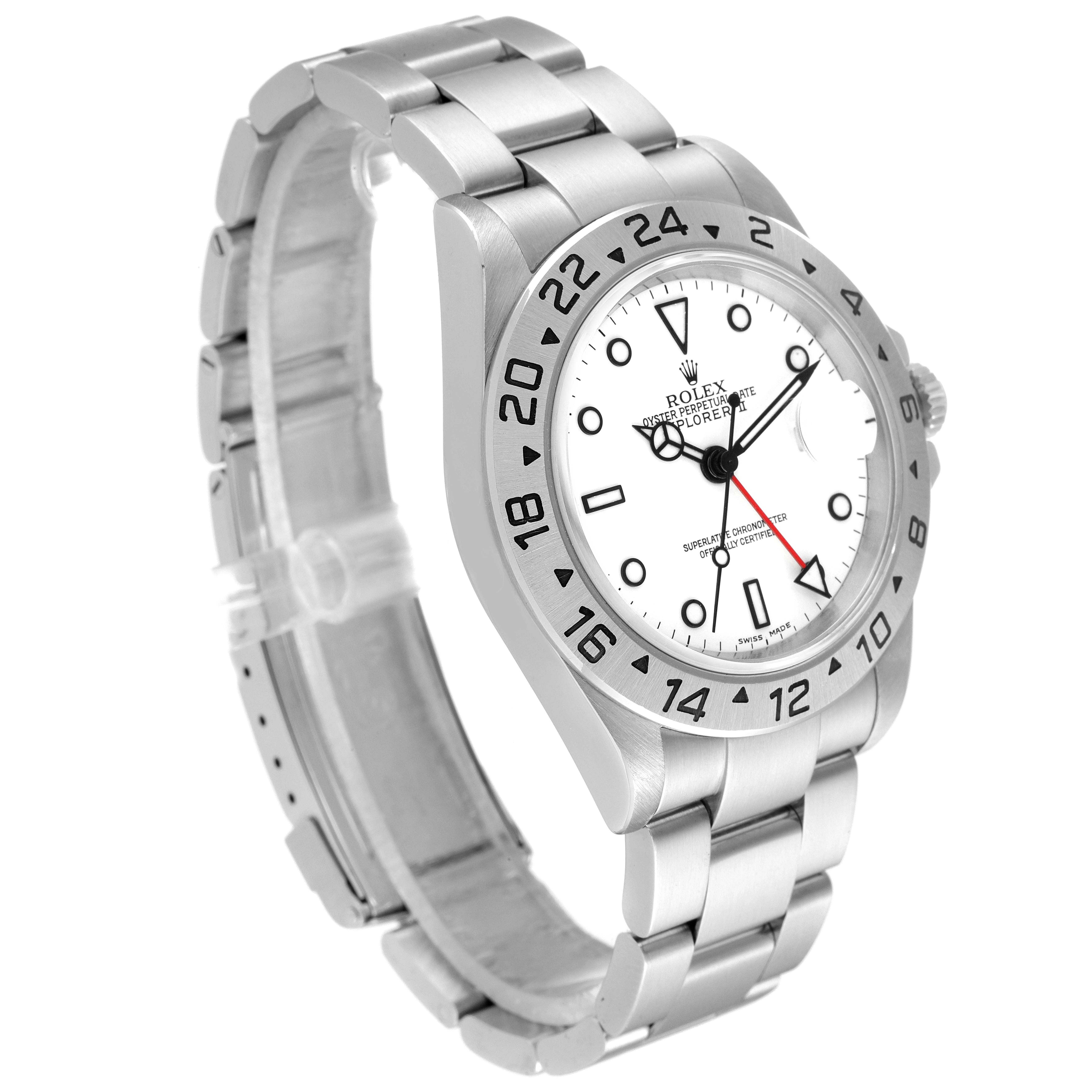 This image shows a side view of the Rolex Explorer 16570 Men's Stainless Steel White Dial 16570 Men's Stainless Steel White Dial model watch, including its bracelet and face.