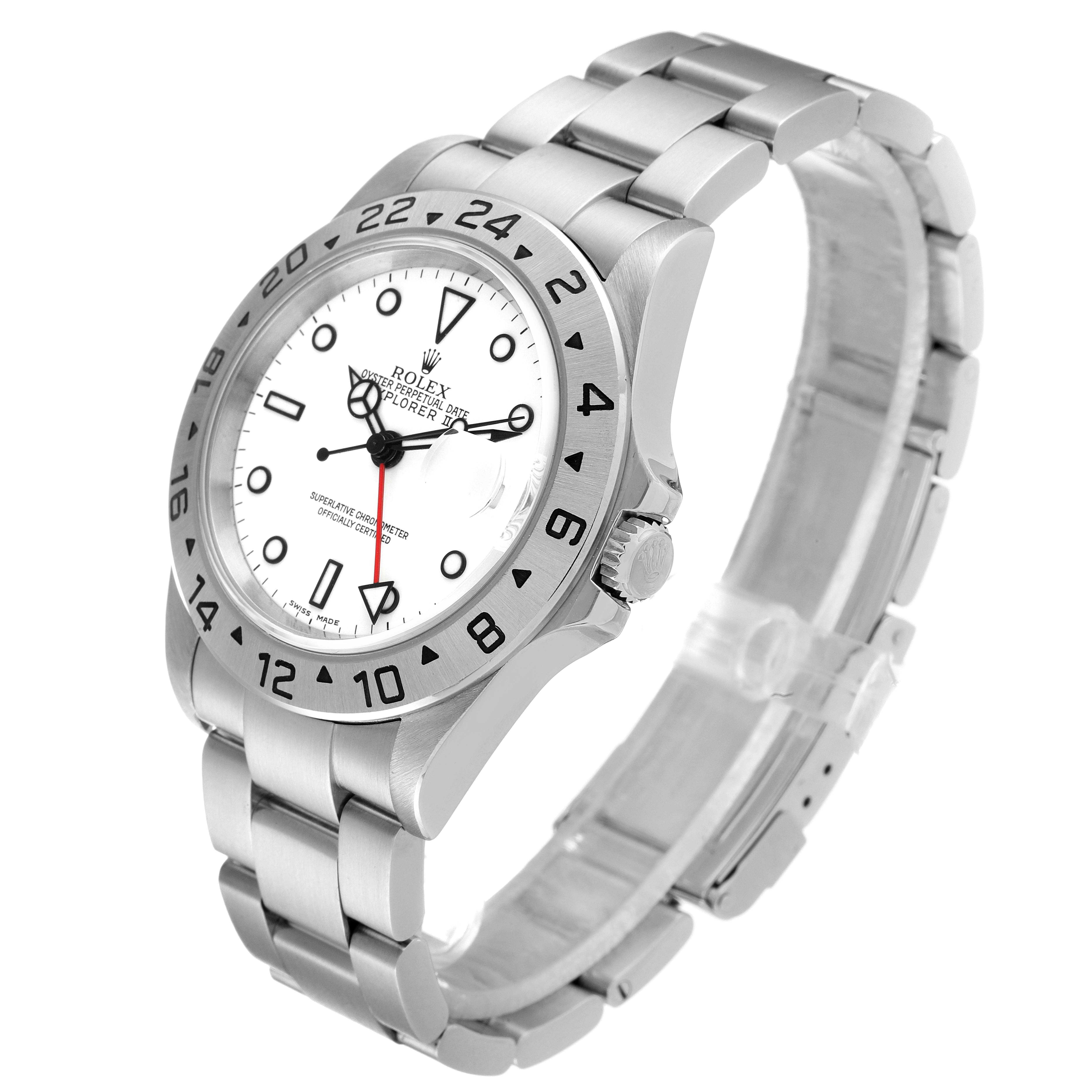 The image shows the face and bracelet of a Rolex Explorer 16570 Men's Stainless Steel White Dial 16570 Men's Stainless Steel White Dial model watch at a three-quarter angle.