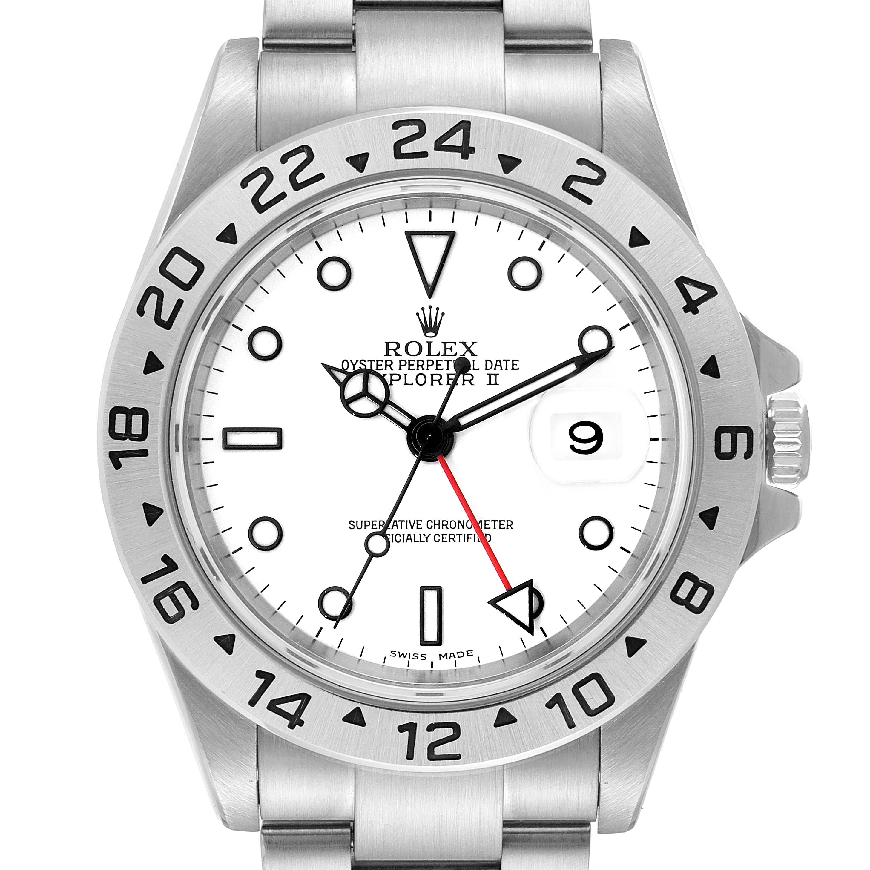 The image shows a front view of the Rolex Explorer 16570 Men's Stainless Steel White Dial 16570 Men's Stainless Steel White Dial watch, displaying its dial, bezel, hands, and a portion of the bracelet.