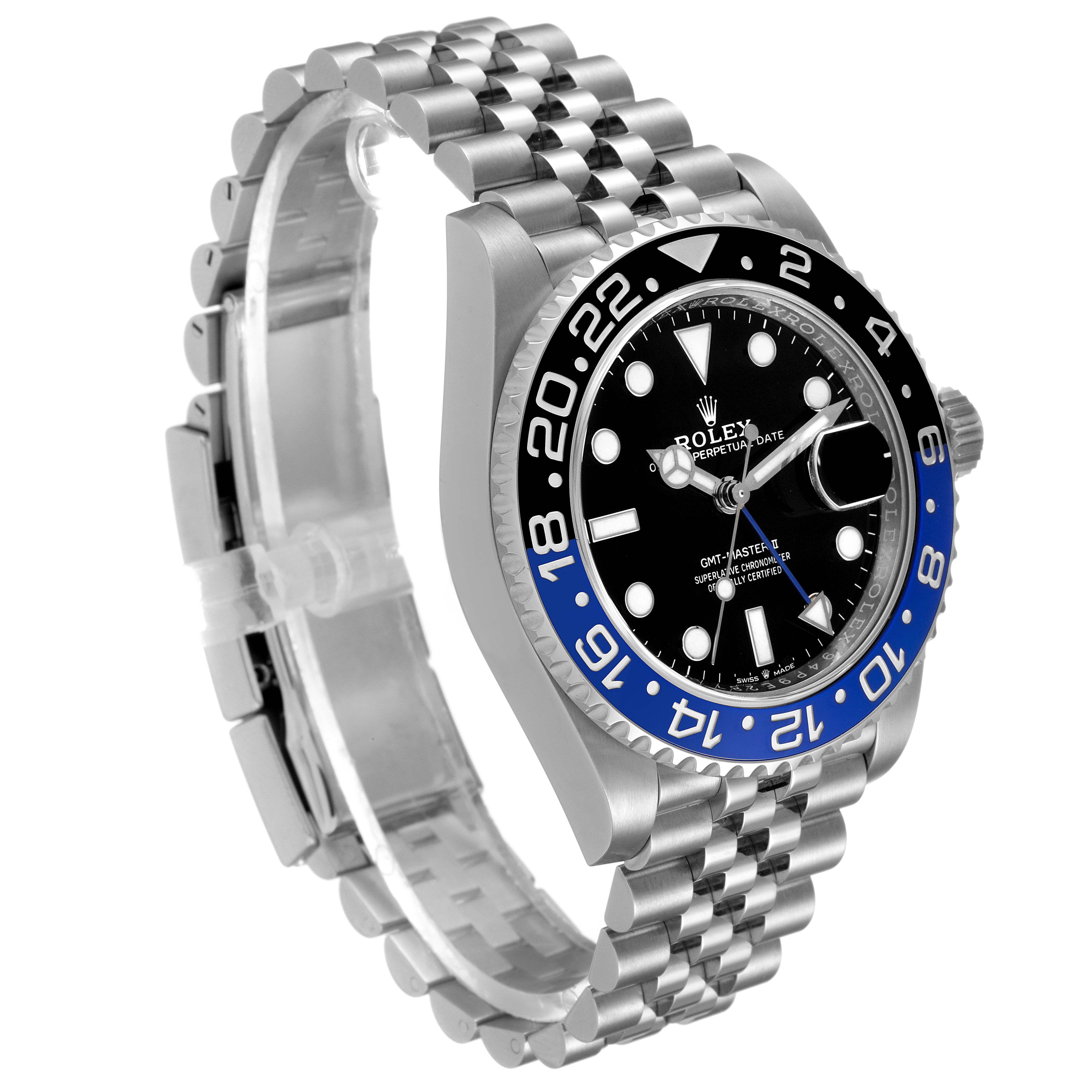 The image shows a Rolex GMT-Master 126710 Men
s Stainless Steel Black Dial 126710 Men
s Stainless Steel Black Dial watch from an angled side view, highlighting the bezel, dial, and bracelet.