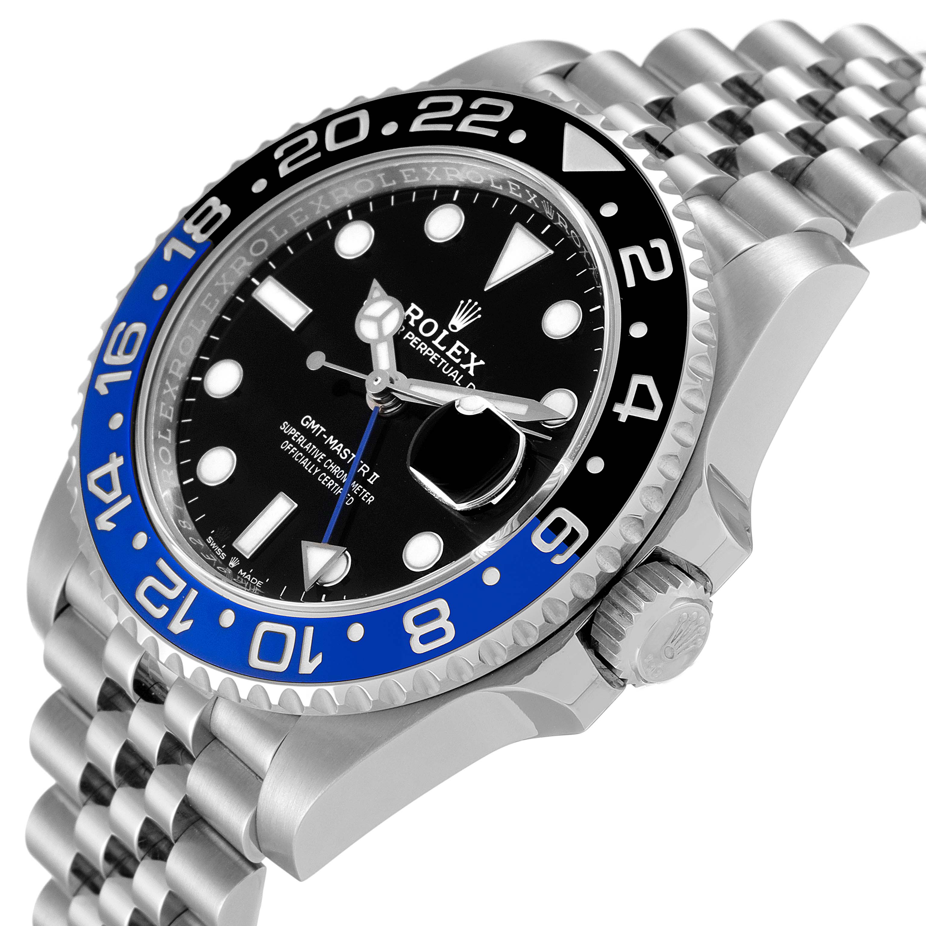 The image shows a Rolex GMT-Master 126710 Men
s Stainless Steel Black Dial 126710 Men
s Stainless Steel Black Dial watch at an angled view, highlighting its bezel, crown, dial, and jubilee bracelet.