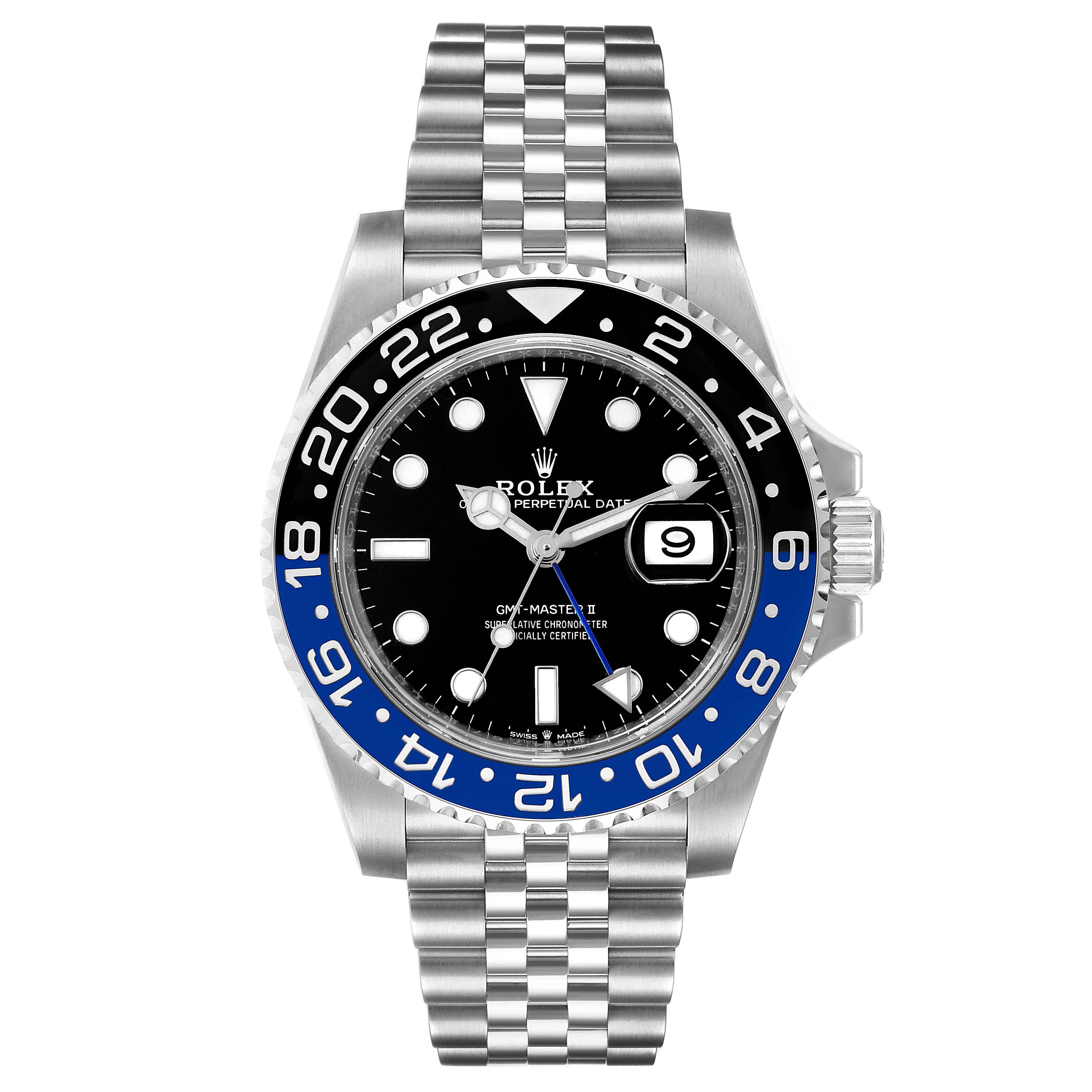 This image shows a frontal view of a Rolex GMT-Master 126710 Men
s Stainless Steel Black Dial 126710 Men
s Stainless Steel Black Dial II watch with a black and blue bezel and jubilee bracelet.
