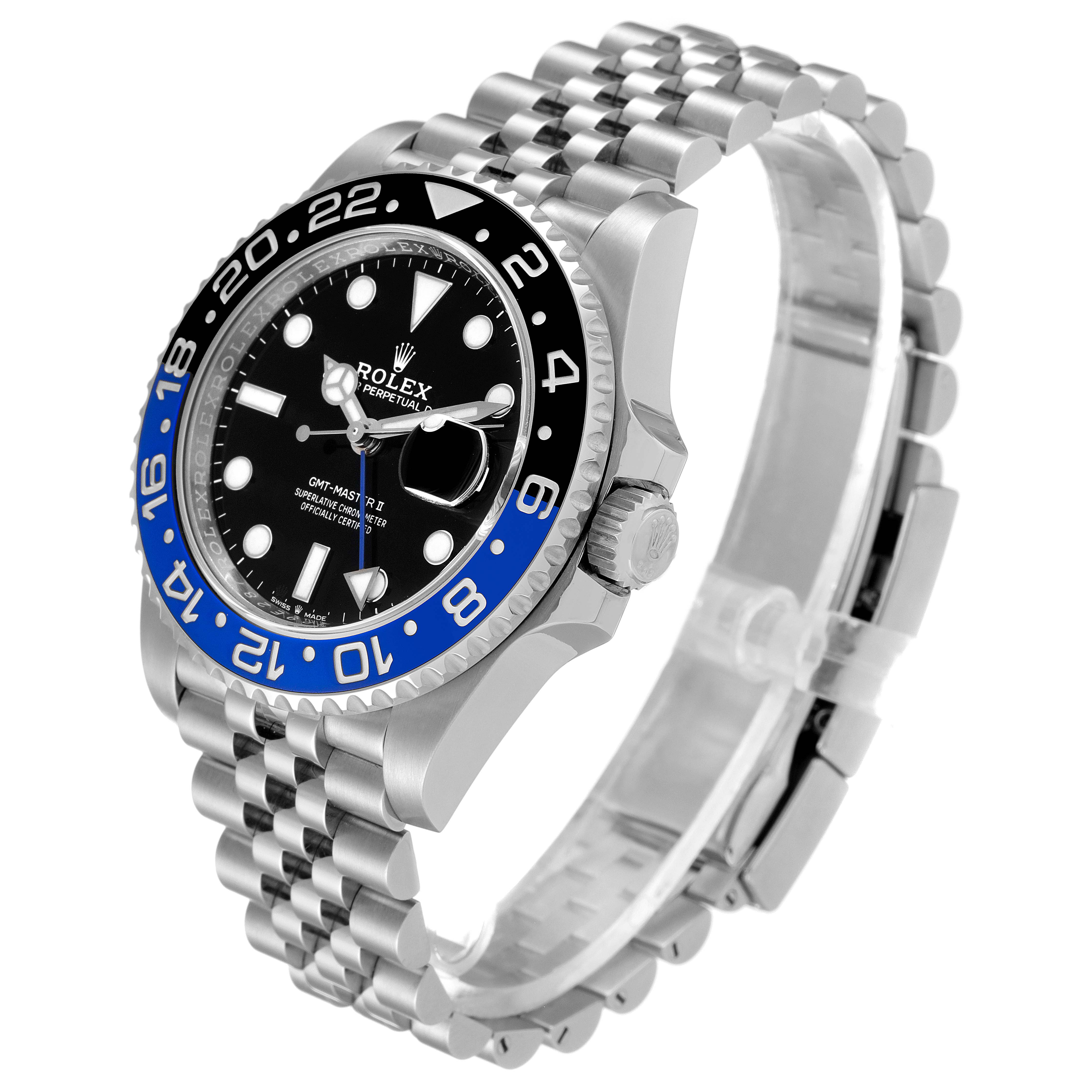 The Rolex GMT-Master 126710 Men
s Stainless Steel Black Dial 126710 Men
s Stainless Steel Black Dial watch is shown at a slight angle, displaying the bezel, crown, and jubilee bracelet.