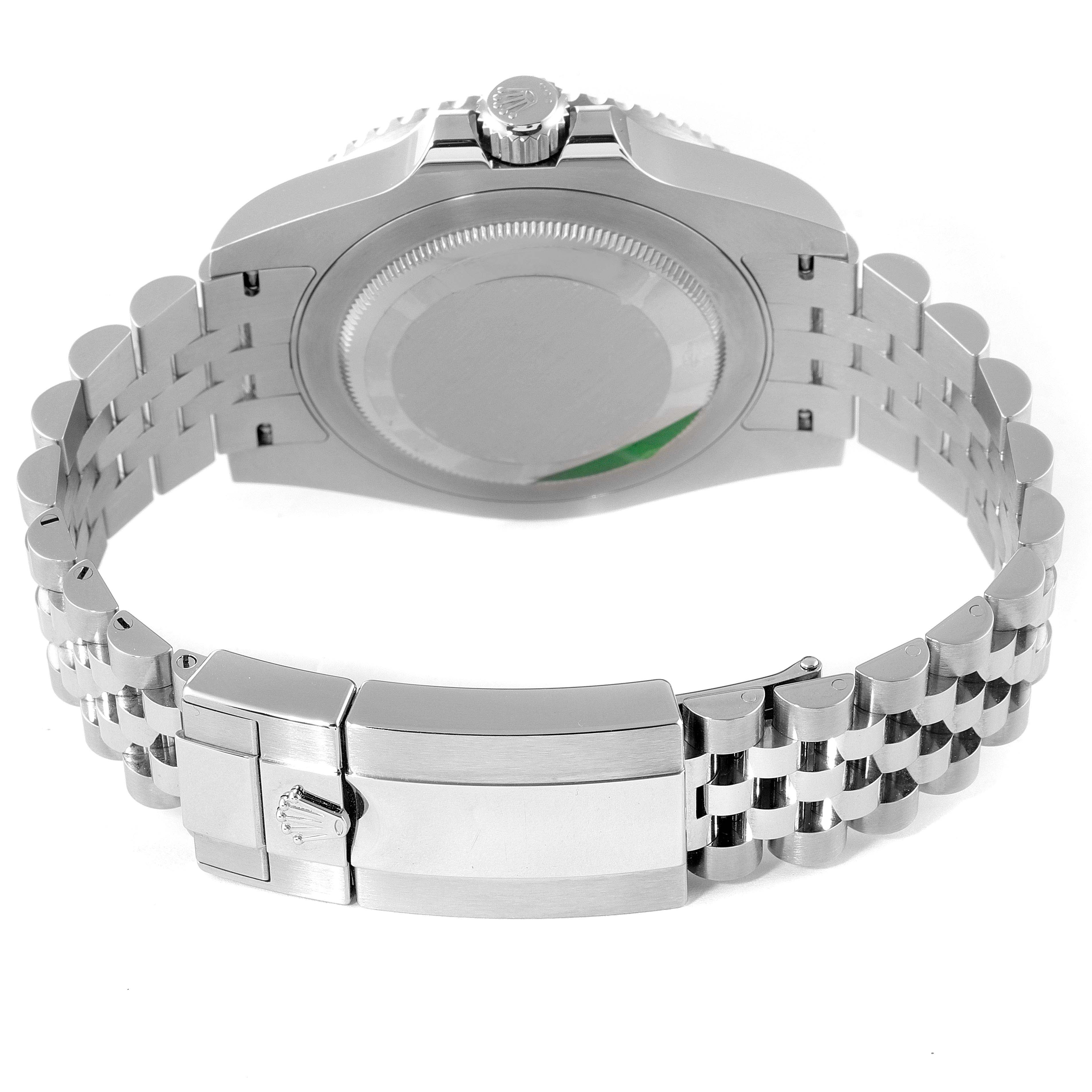 This image shows the back side of the Rolex GMT-Master 126710 Men
s Stainless Steel Black Dial 126710 Men
s Stainless Steel Black Dial watch, highlighting its case back, crown, and bracelet clasp.