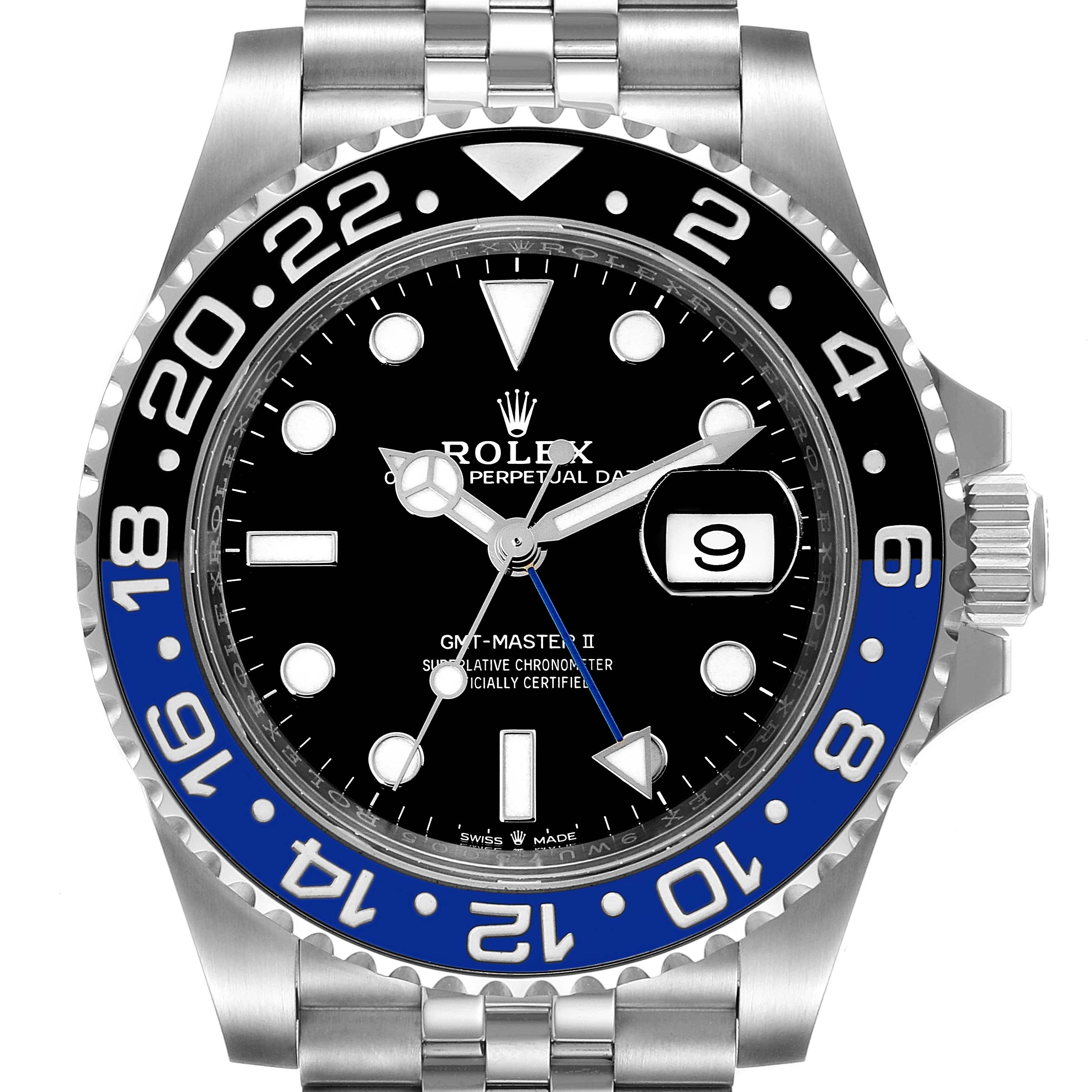 The image shows a front view of the Rolex GMT-Master 126710 Men
s Stainless Steel Black Dial 126710 Men
s Stainless Steel Black Dial II watch, focusing on its black and blue bezel, dial, and stainless steel bracelet.