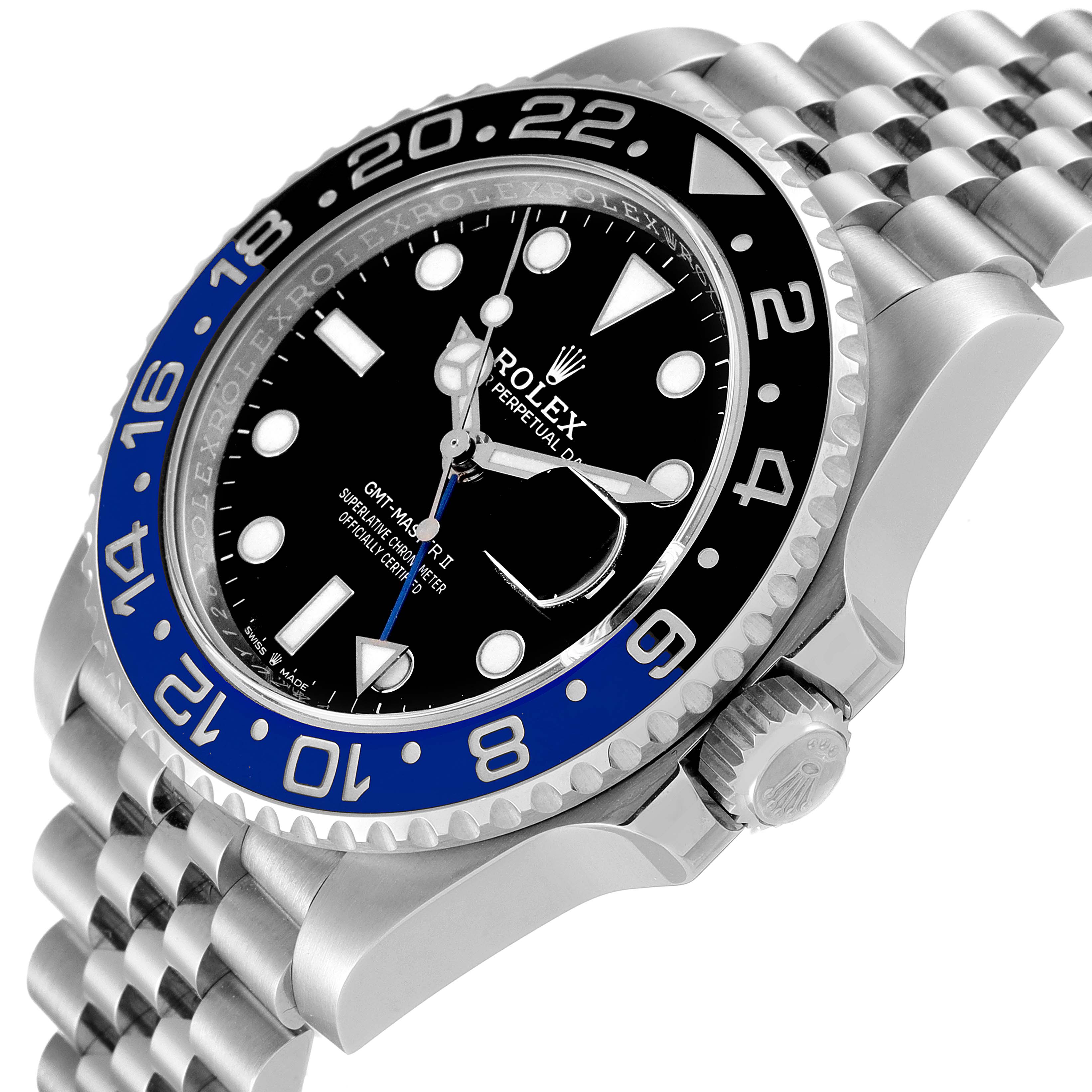 The Rolex GMT-Master 126710 Men
s Stainless Steel Black Dial 126710 Men
s Stainless Steel Black Dial watch is shown at a three-quarter angle, highlighting the bezel, face, crown, and bracelet.