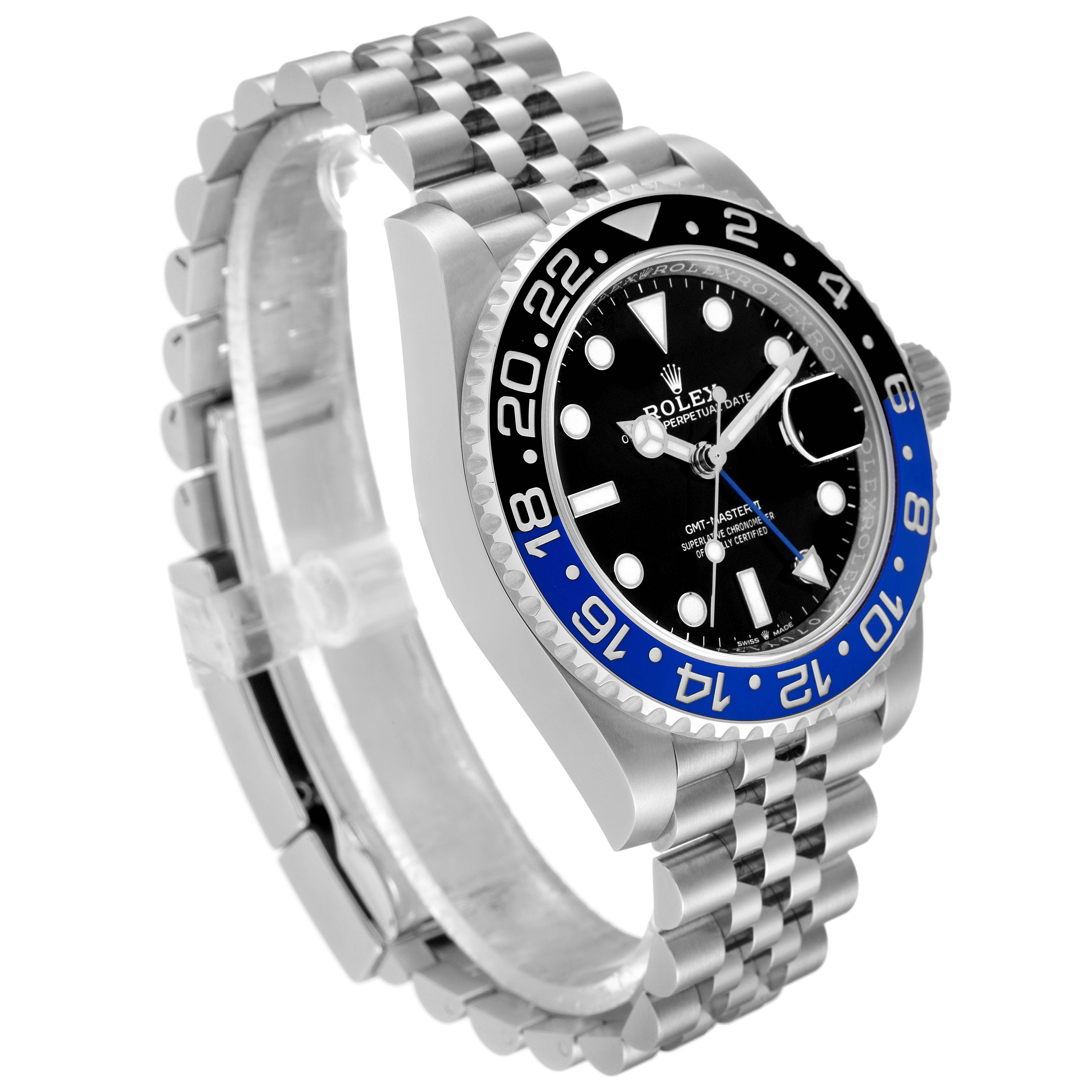 This image shows a side angle of a Rolex GMT-Master 126710 Men
s Stainless Steel Black Dial 126710 Men
s Stainless Steel Black Dial watch, highlighting the bezel, dial, and a portion of the bracelet.