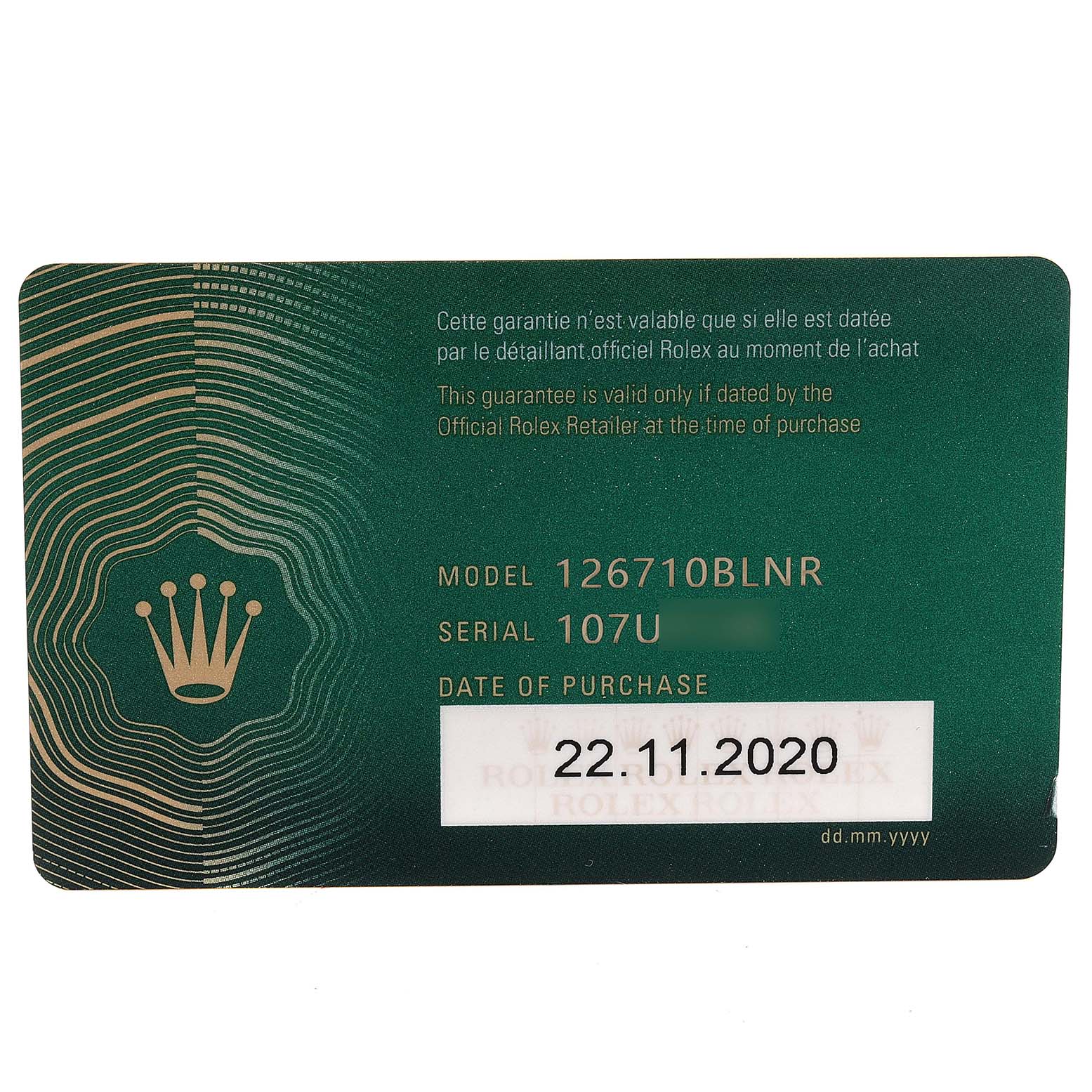 This image shows the warranty card for the Rolex GMT-Master 126710 Men
s Stainless Steel Black Dial 126710 Men
s Stainless Steel Black Dial model 126710BLNR, dated 22.11.2020.