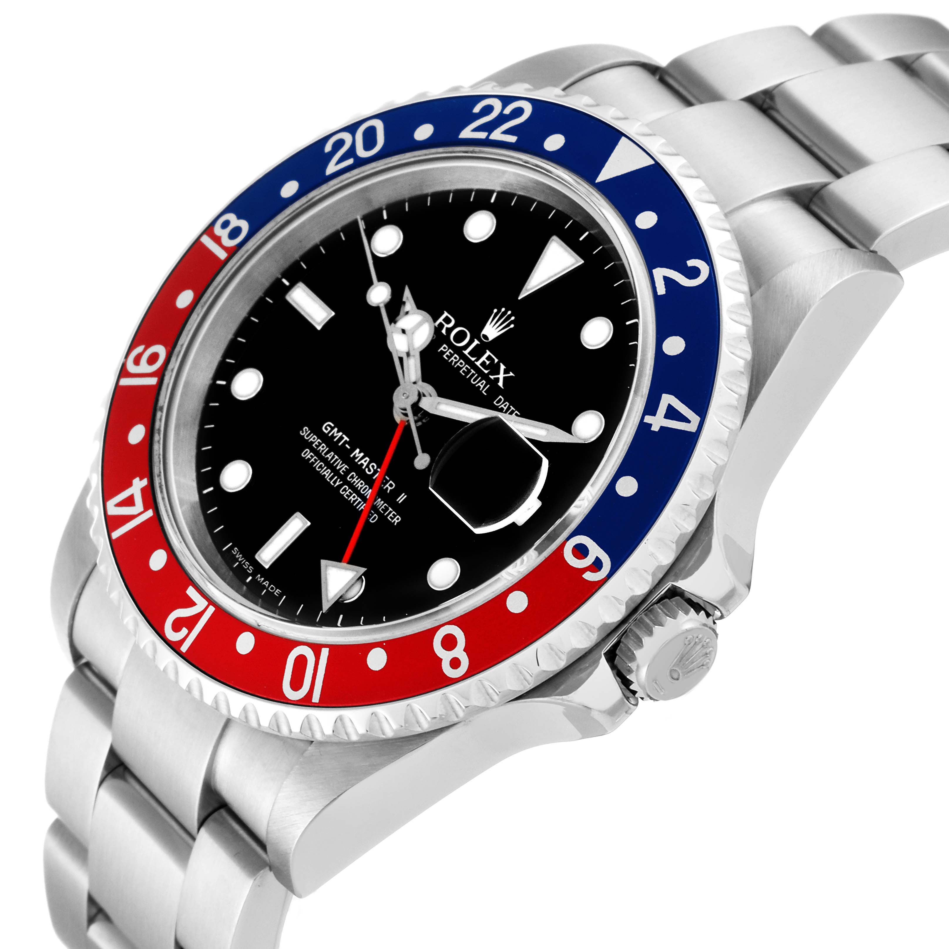 The image shows a side angle of a Rolex GMT-Master 16710 Men's Stainless Steel Black Dial 16710 Men's Stainless Steel Black Dial II watch featuring the bezel, dial, bracelet, and crown.