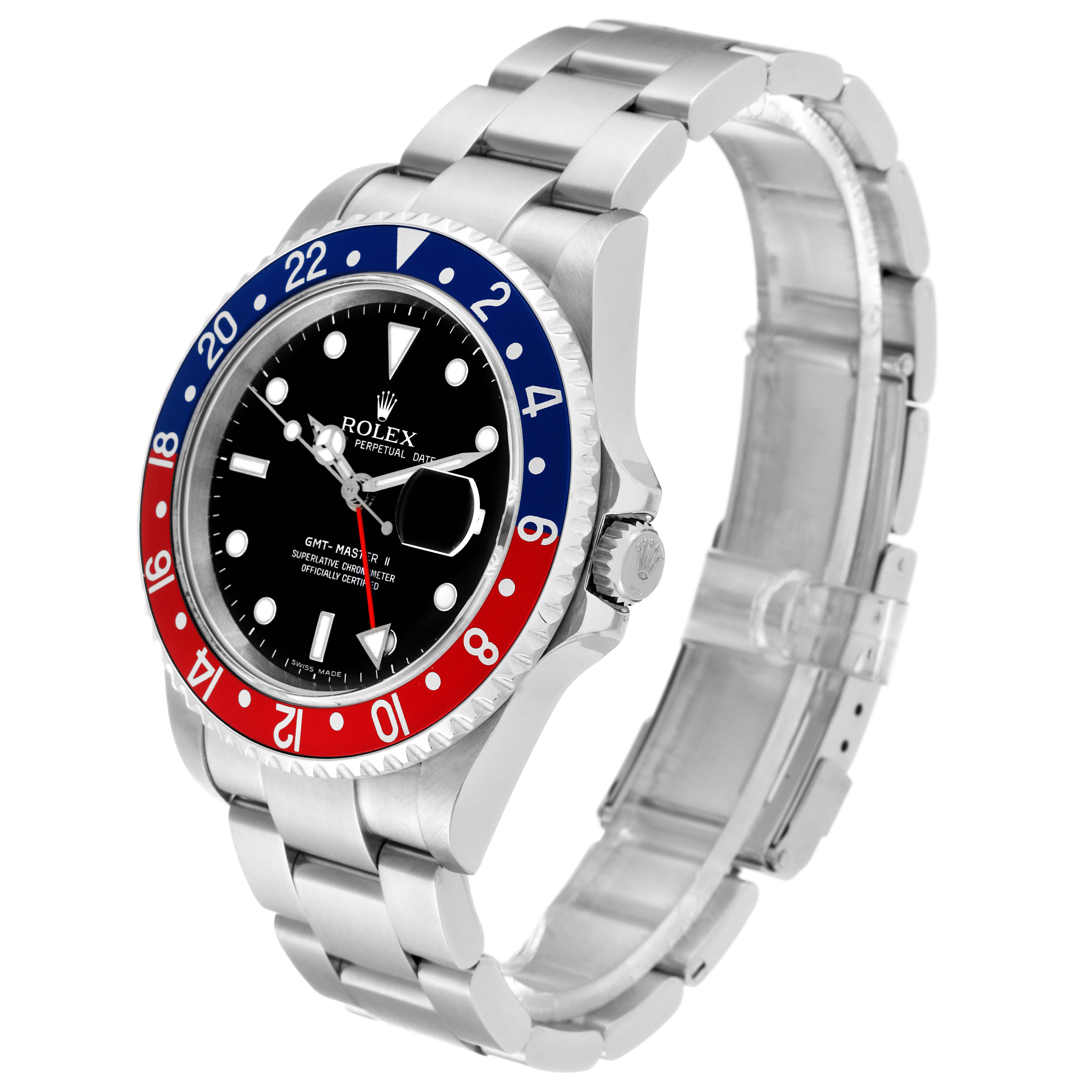This image shows a side angle view of a Rolex GMT-Master 16710 Men's Stainless Steel Black Dial 16710 Men's Stainless Steel Black Dial watch, displaying its bezel, dial, and bracelet.