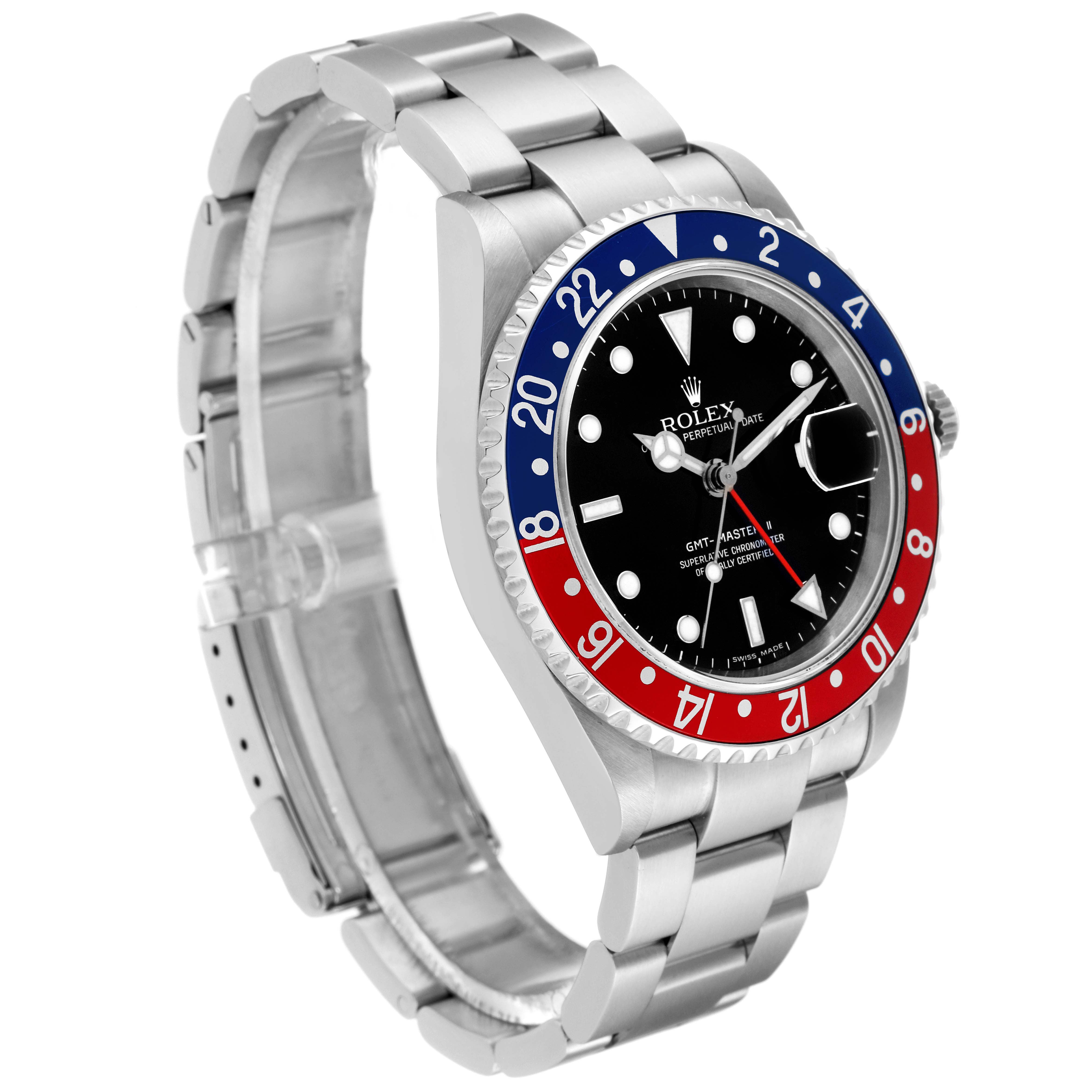 The image shows a Rolex GMT-Master 16710 Men's Stainless Steel Black Dial 16710 Men's Stainless Steel Black Dial watch at a left side angle, highlighting its bezel, dial, and bracelet.
