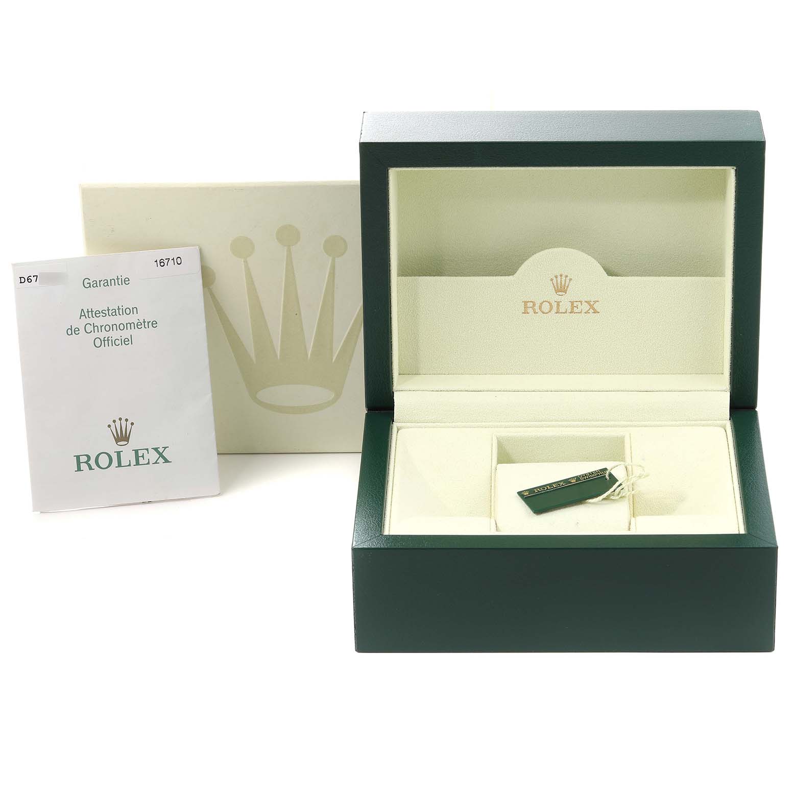 The image shows an open Rolex GMT-Master 16710 Men's Stainless Steel Black Dial 16710 Men's Stainless Steel Black Dial watch box with a guarantee booklet and a tag inside.