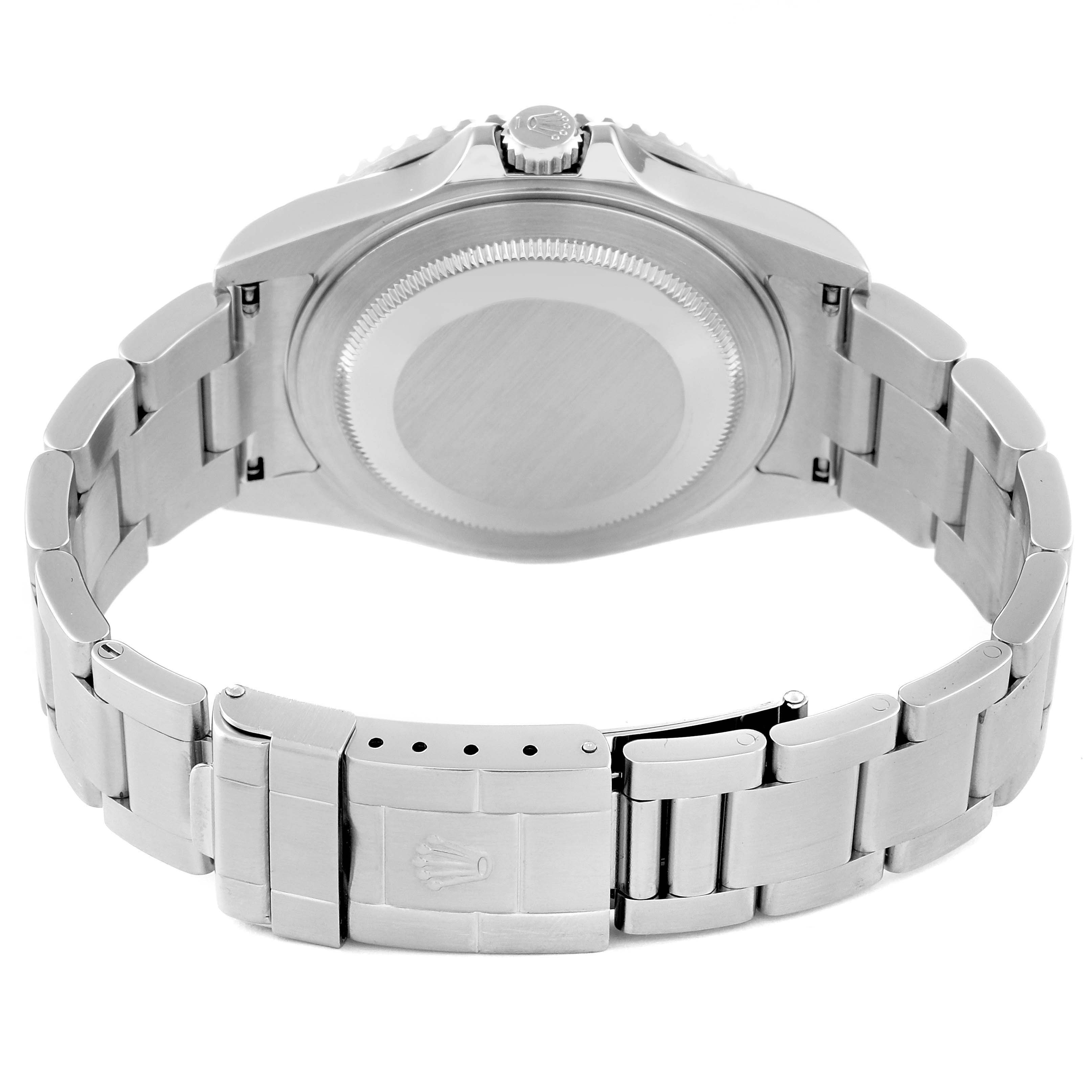 The image shows the back view of a Rolex GMT-Master 16710 Men's Stainless Steel Black Dial 16710 Men's Stainless Steel Black Dial watch, highlighting its case back, crown, and bracelet clasp.