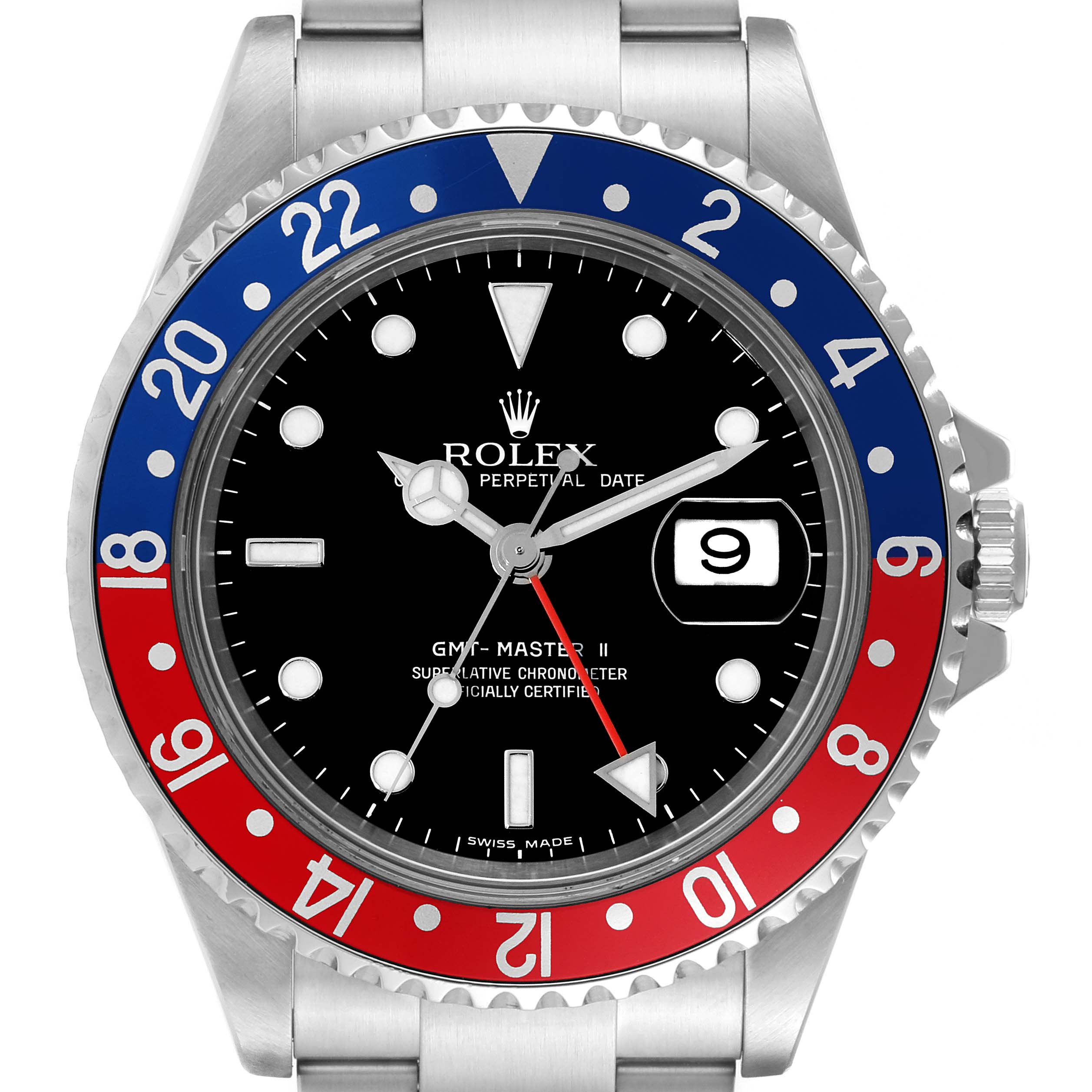 The image shows a front view of a Rolex GMT-Master 16710 Men's Stainless Steel Black Dial 16710 Men's Stainless Steel Black Dial II watch, highlighting the dial, bezel, and part of the bracelet.