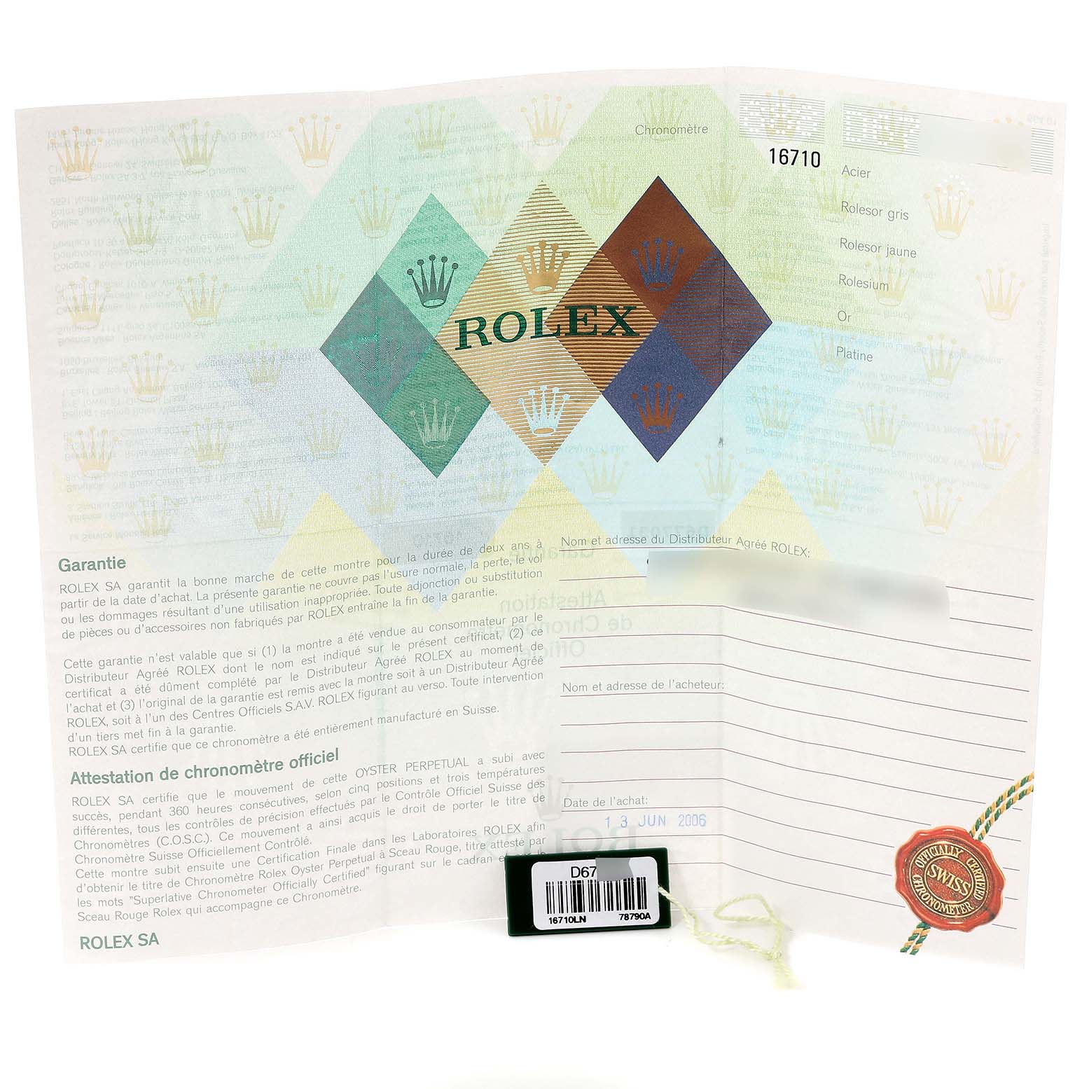 This image shows the warranty and certification documents for a Rolex GMT-Master 16710 Men's Stainless Steel Black Dial 16710 Men's Stainless Steel Black Dial watch model.