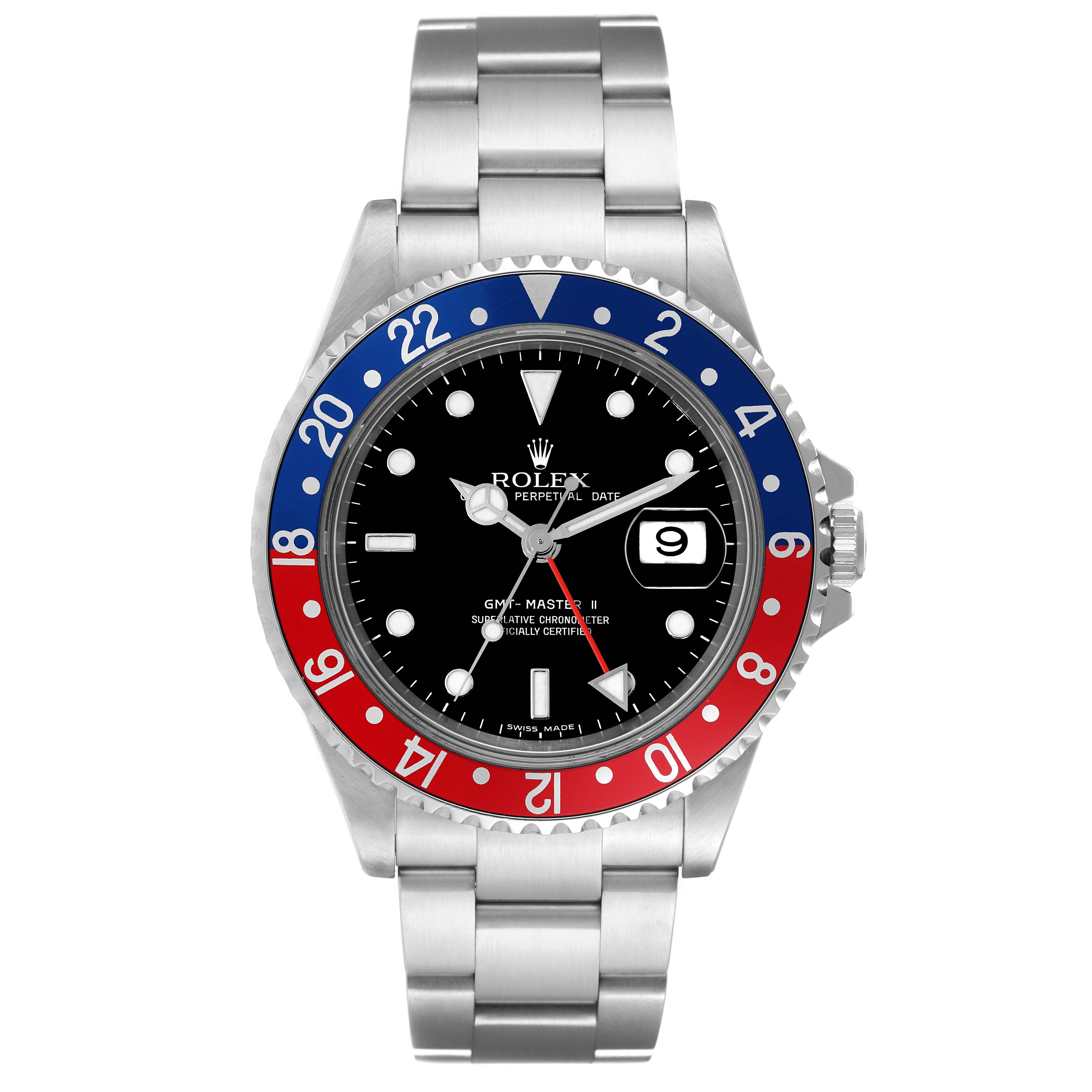 The Rolex GMT-Master 16710 Men's Stainless Steel Black Dial 16710 Men's Stainless Steel Black Dial watch is shown from the front, displaying the bezel, dial, hands, bracelet, and date function.