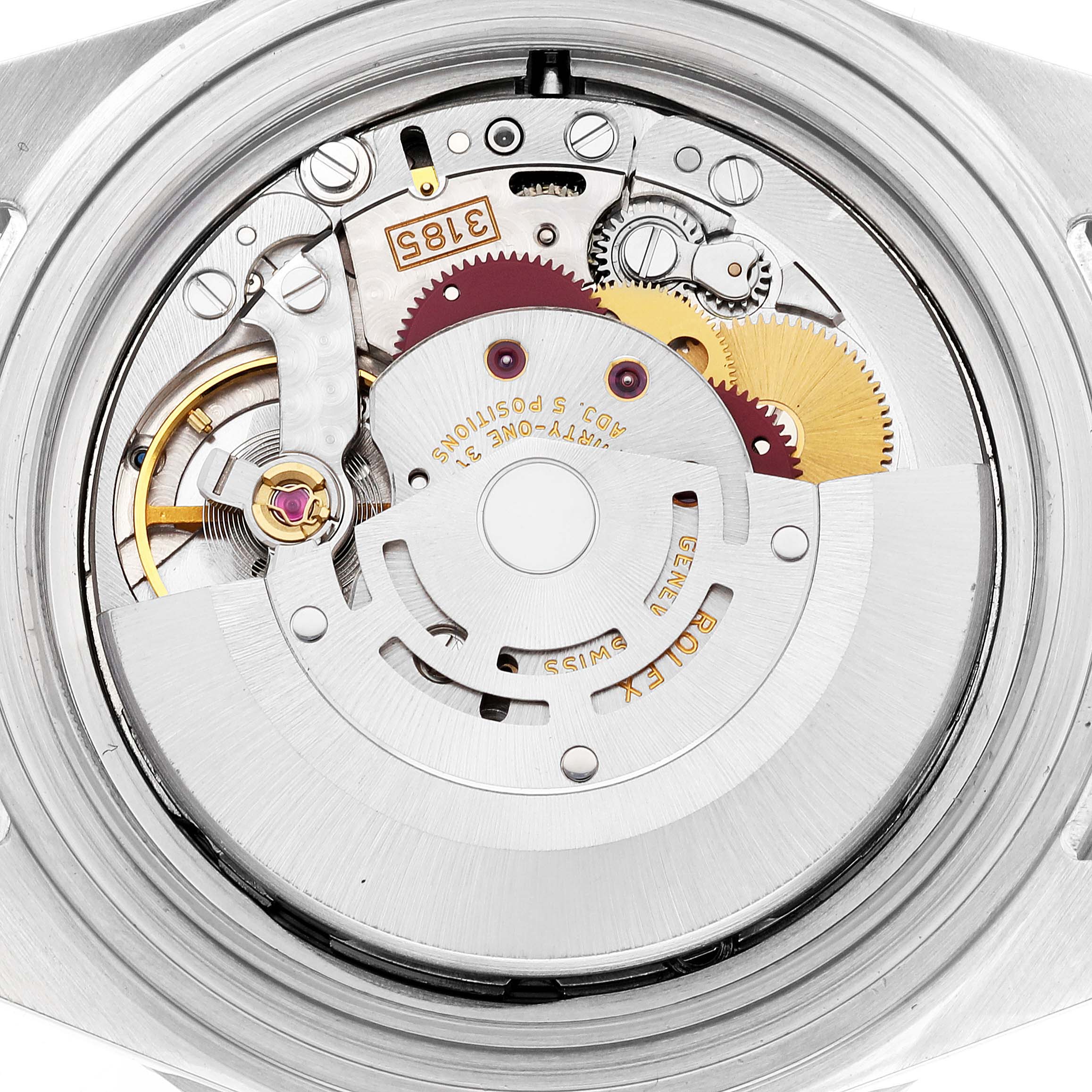 This image shows the movement mechanism of a Rolex GMT-Master 16710 Men's Stainless Steel Black Dial 16710 Men's Stainless Steel Black Dial watch from a back view, highlighting its intricate gears and components.