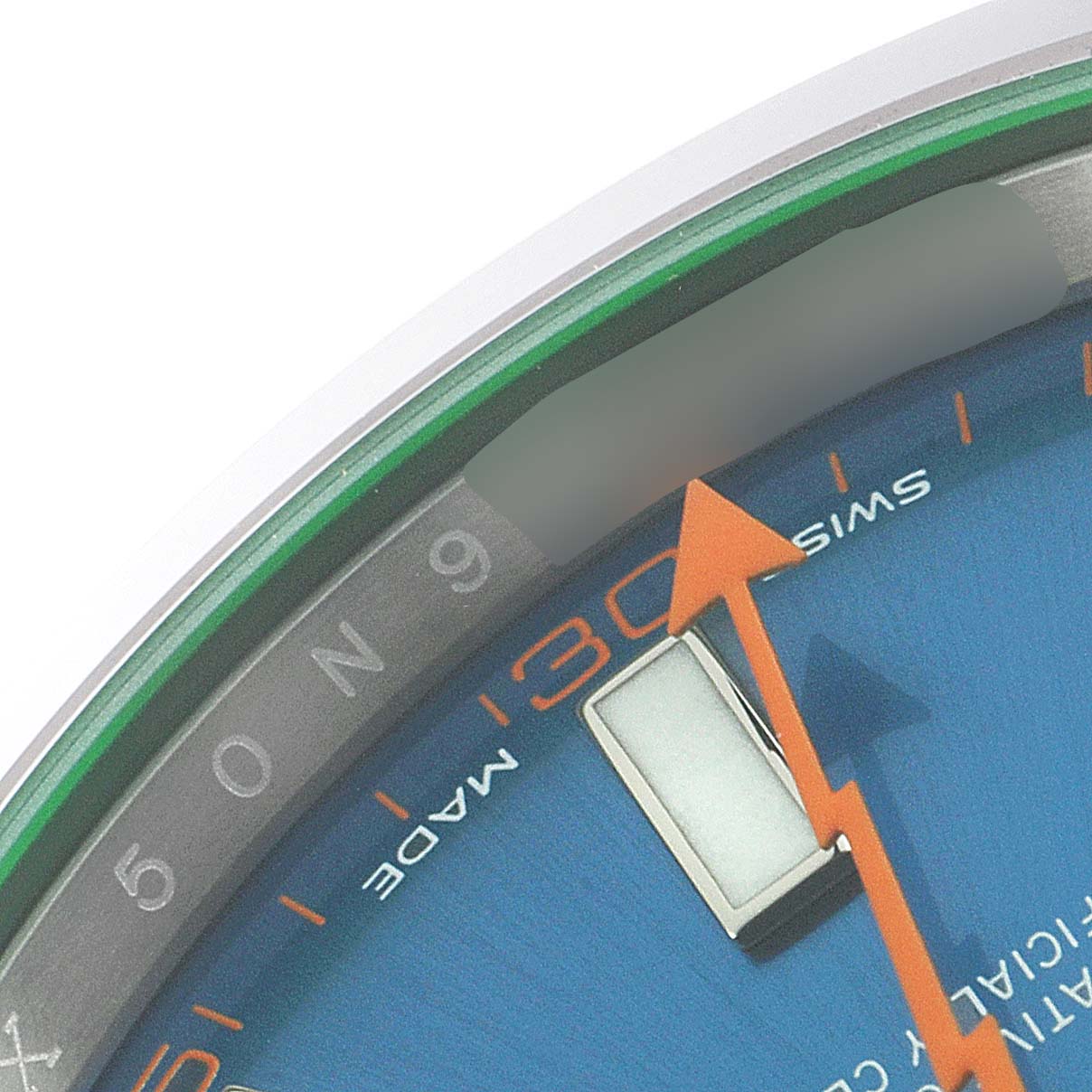 This image shows a close-up view of the dial, bezel, and second hand of a Rolex Milgauss 116400GV Men
s Stainless Steel Blue Dial 116400GV Men
s Stainless Steel Blue Dial watch.