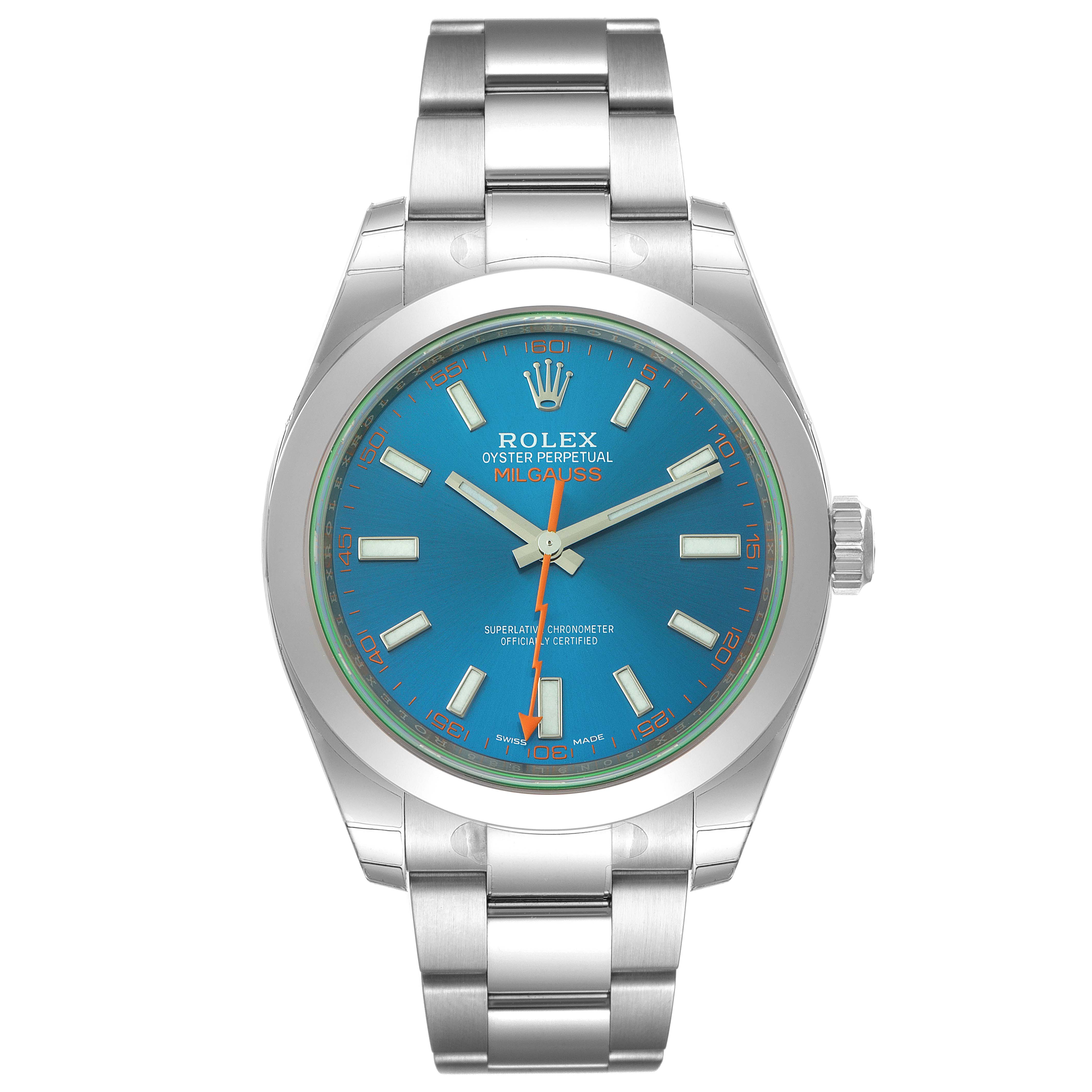 The image shows a front view of a Rolex Milgauss 116400GV Men
s Stainless Steel Blue Dial 116400GV Men
s Stainless Steel Blue Dial watch, highlighting its blue dial, stainless steel case, and bracelet.