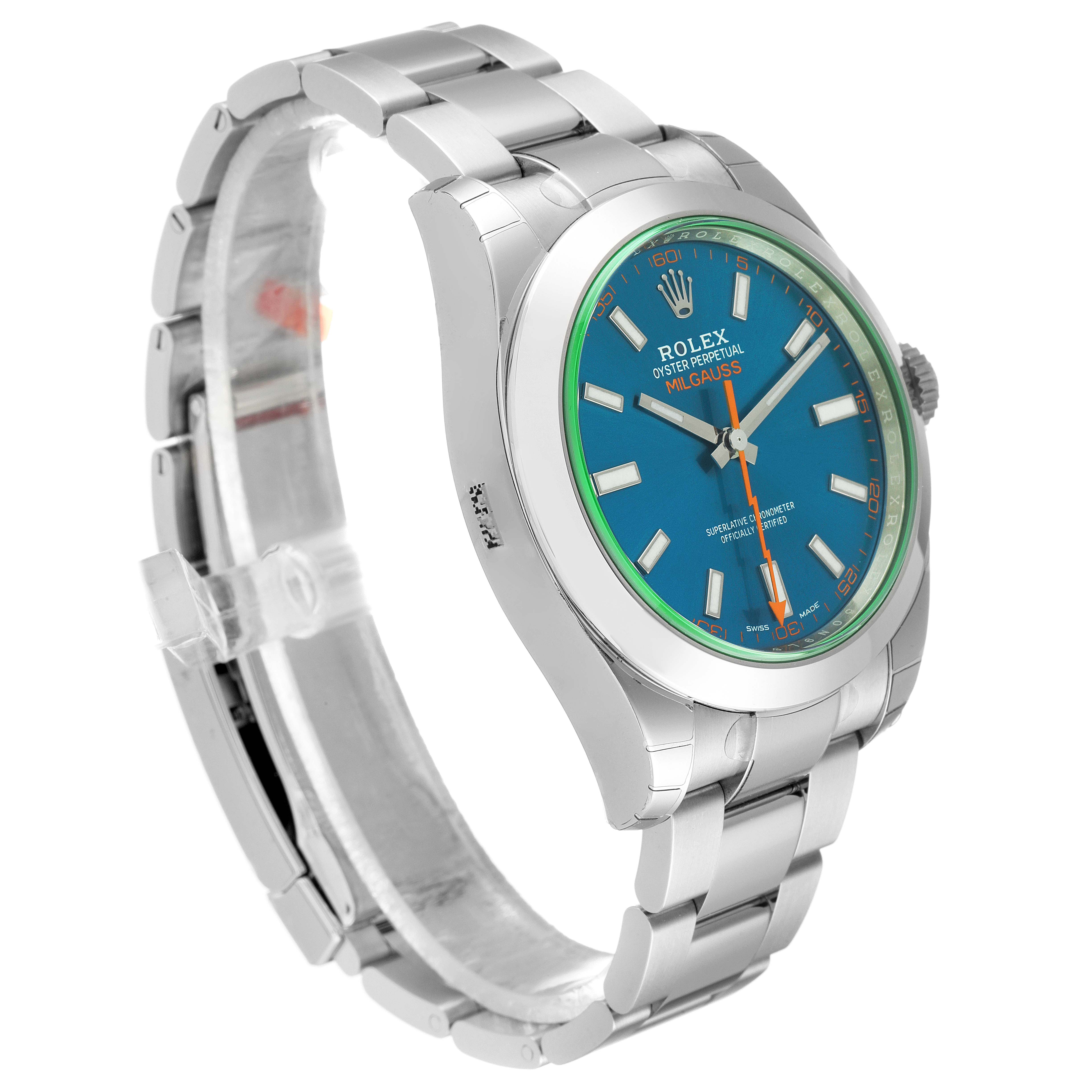 This image shows a side angle of the Rolex Milgauss 116400GV Men
s Stainless Steel Blue Dial 116400GV Men
s Stainless Steel Blue Dial watch, featuring its blue dial, stainless steel case, and bracelet.
