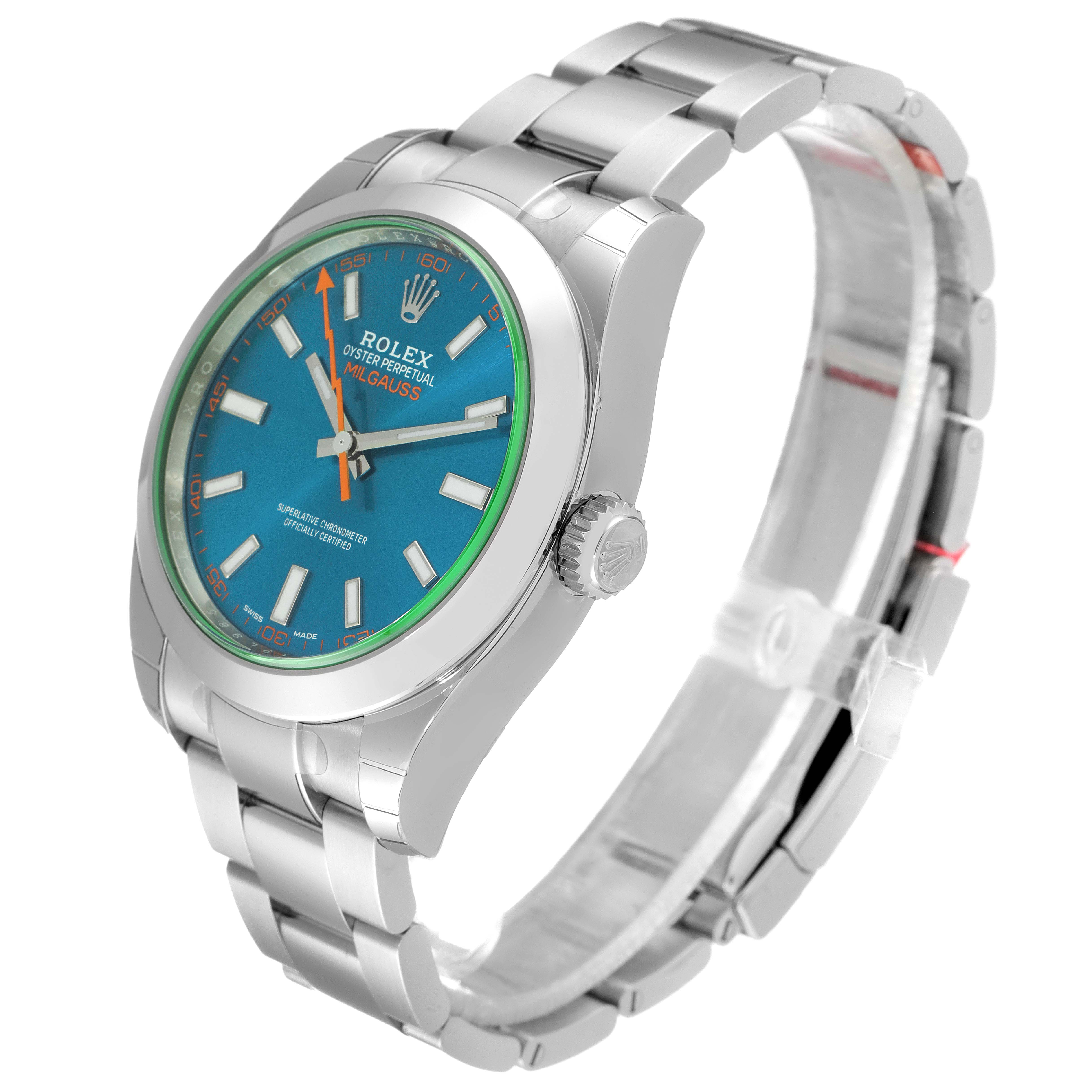The image shows a Rolex Milgauss 116400GV Men
s Stainless Steel Blue Dial 116400GV Men
s Stainless Steel Blue Dial watch at an angled side view, highlighting its stainless steel band and turquoise dial.