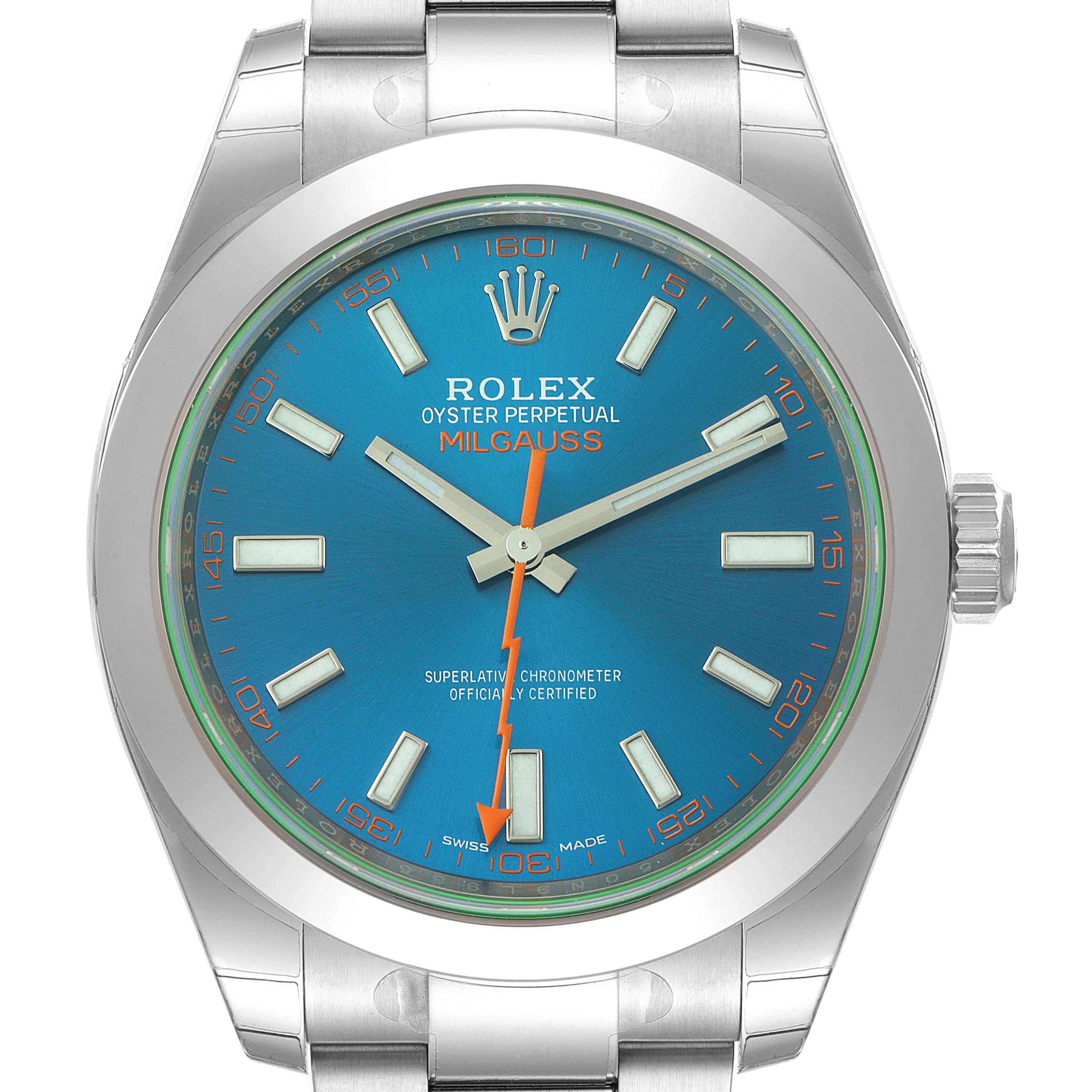 The image shows a front view of a Rolex Milgauss 116400GV Men
s Stainless Steel Blue Dial 116400GV Men
s Stainless Steel Blue Dial watch, highlighting its blue dial, hour markers, and stainless steel case and bracelet.
