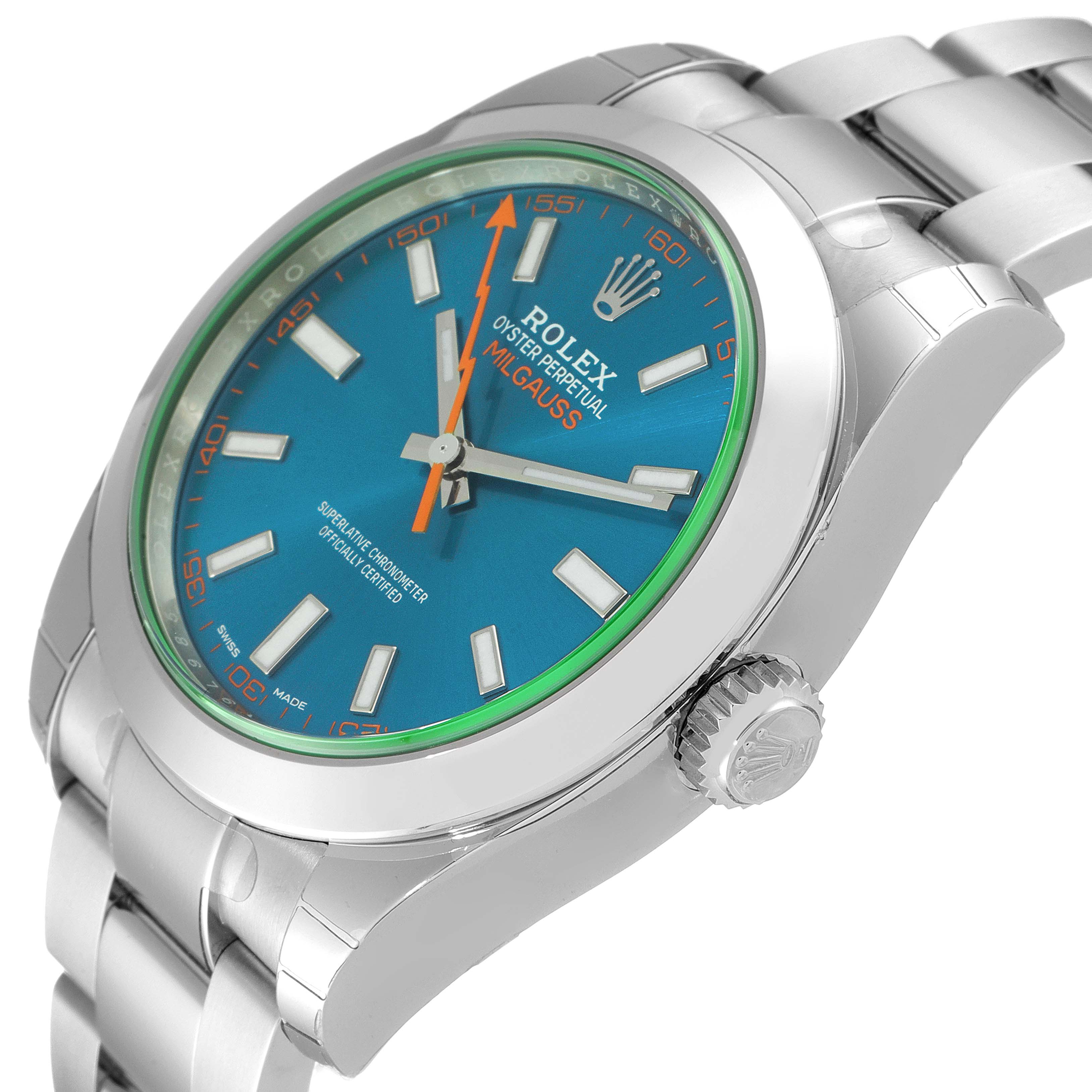 This image shows a side-angle view of a Rolex Milgauss 116400GV Men
s Stainless Steel Blue Dial 116400GV Men
s Stainless Steel Blue Dial watch, highlighting the dial, crown, and part of the bracelet.