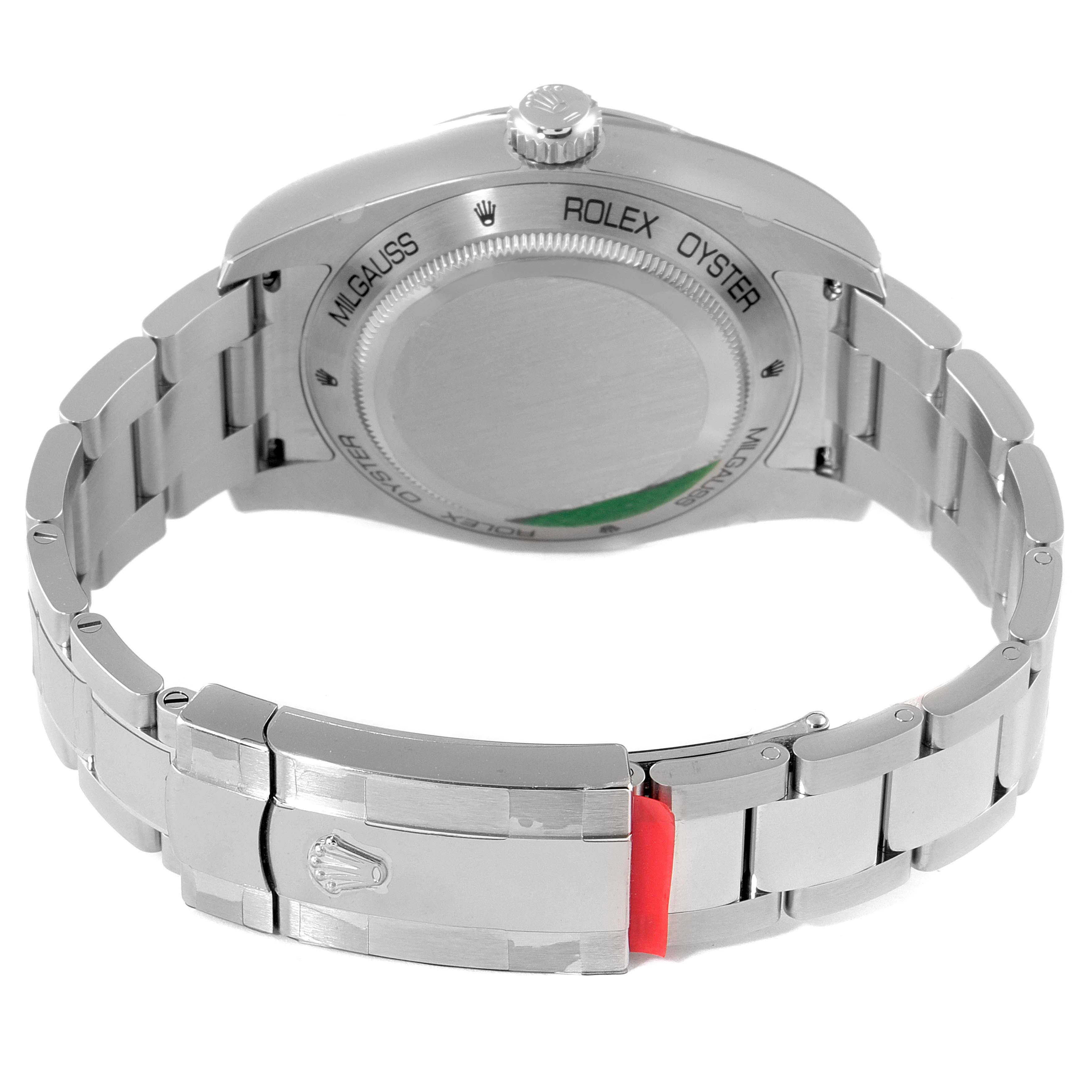 The image shows the back and bracelet of a Rolex Milgauss 116400GV Men
s Stainless Steel Blue Dial 116400GV Men
s Stainless Steel Blue Dial watch, highlighting the case back, crown, and clasp from a rear angle.