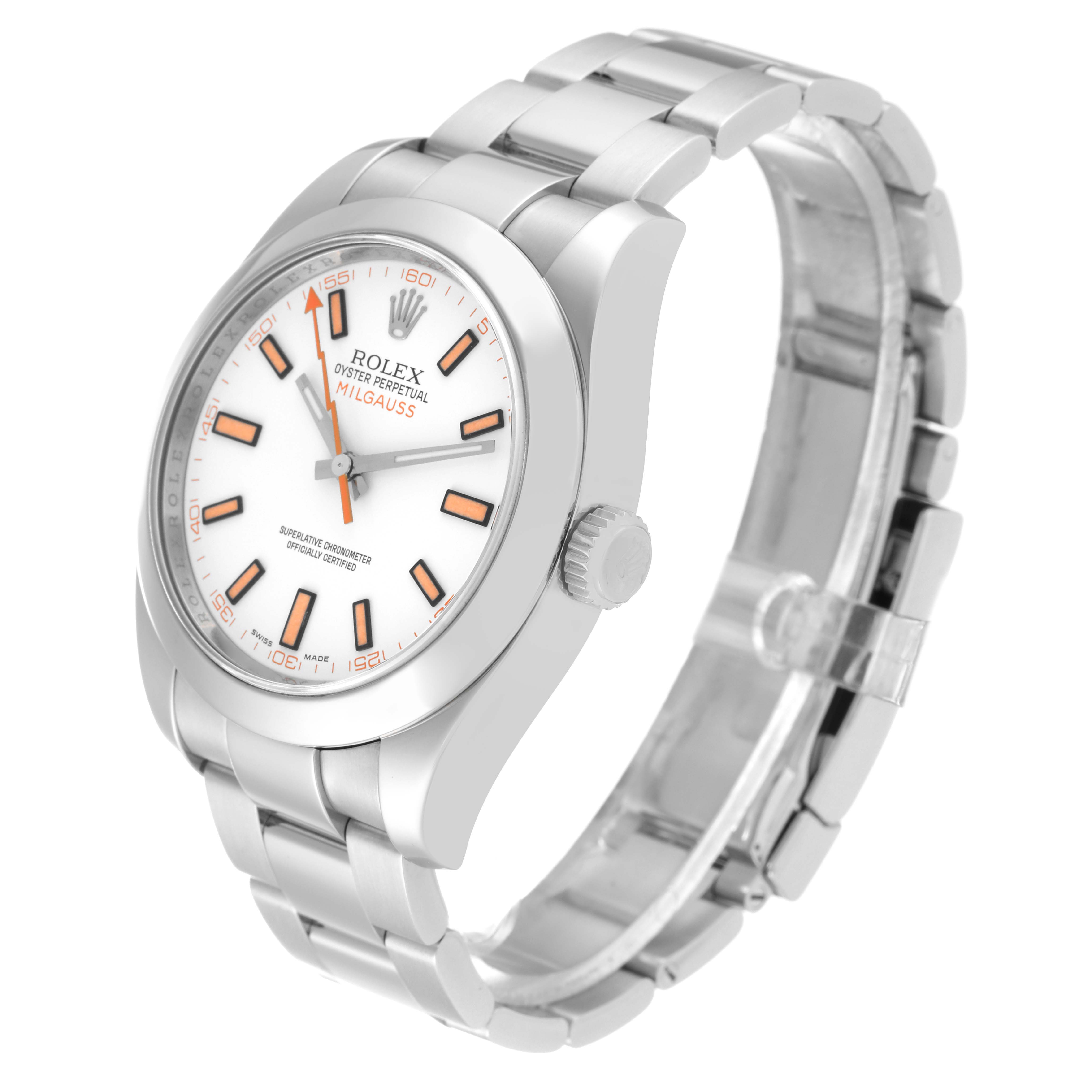 The Rolex Milgauss 116400 Men's Stainless Steel White Dial 116400 Men's Stainless Steel White Dial watch is shown at a 3/4 angle, displaying the face, bezel, crown, and bracelet.