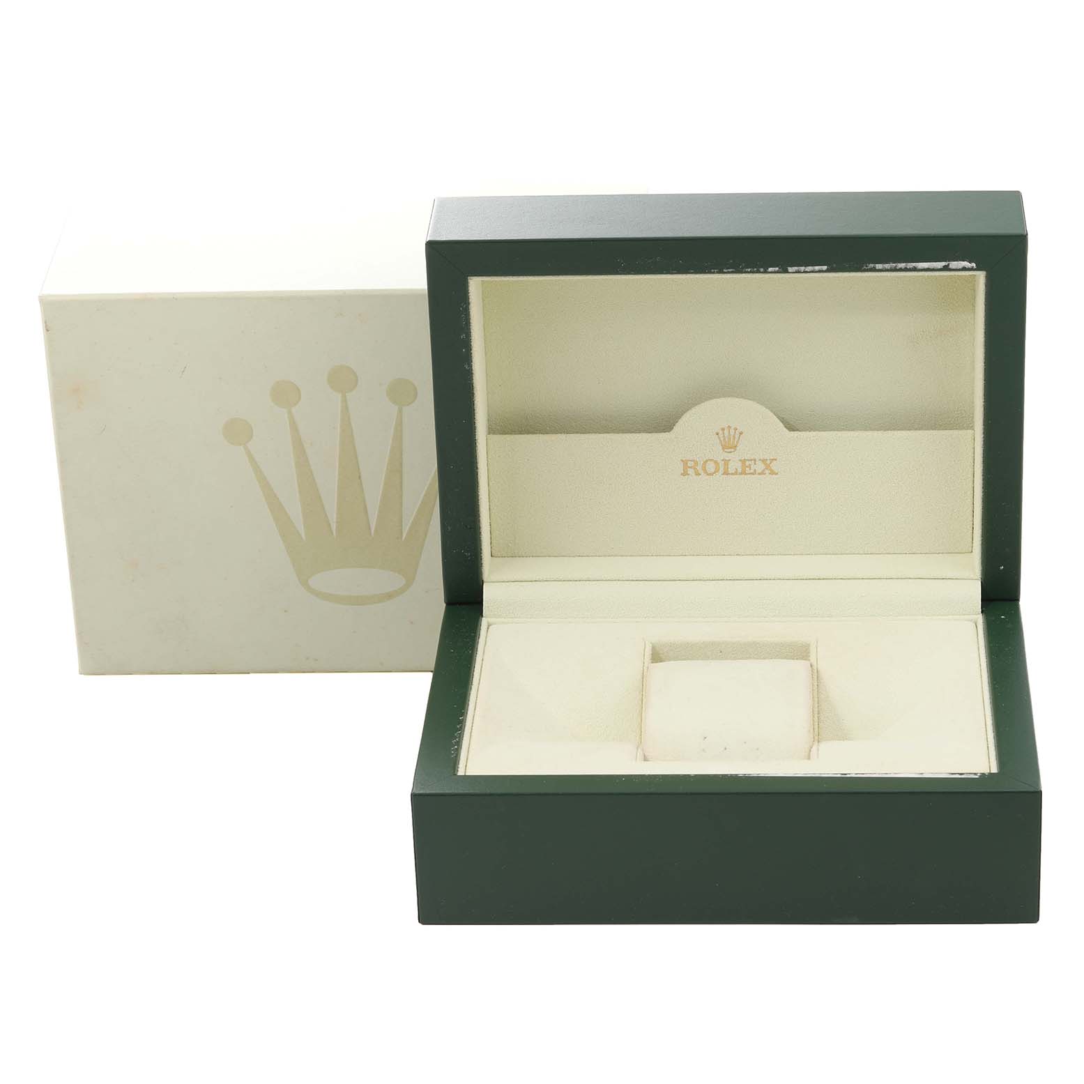 This image shows an open Rolex Milgauss 116400 Men's Stainless Steel White Dial 116400 Men's Stainless Steel White Dial watch box with the outer box placed behind it.