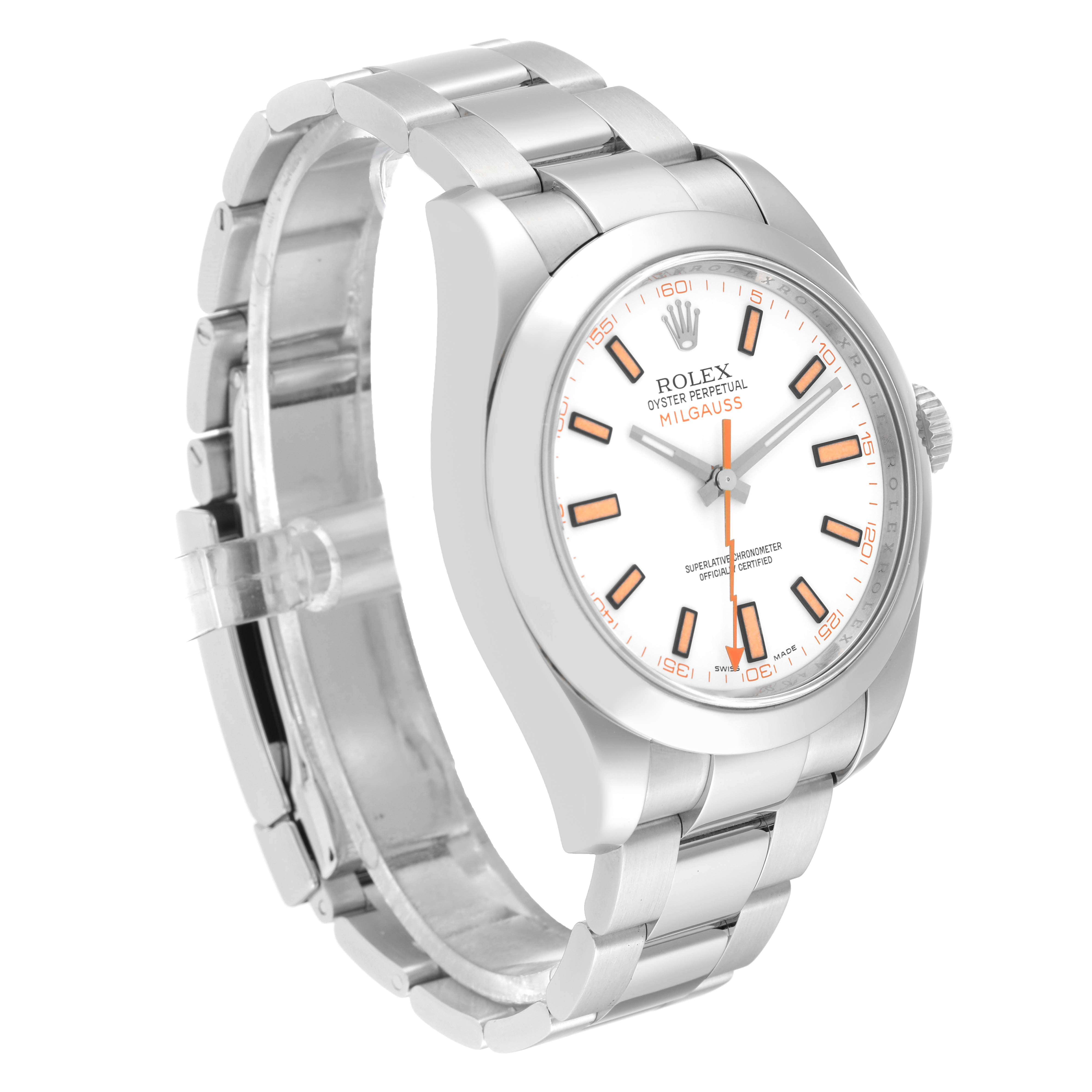 The image shows a Rolex Milgauss 116400 Men's Stainless Steel White Dial 116400 Men's Stainless Steel White Dial watch at a three-quarter angle, displaying its face, bezel, and bracelet.