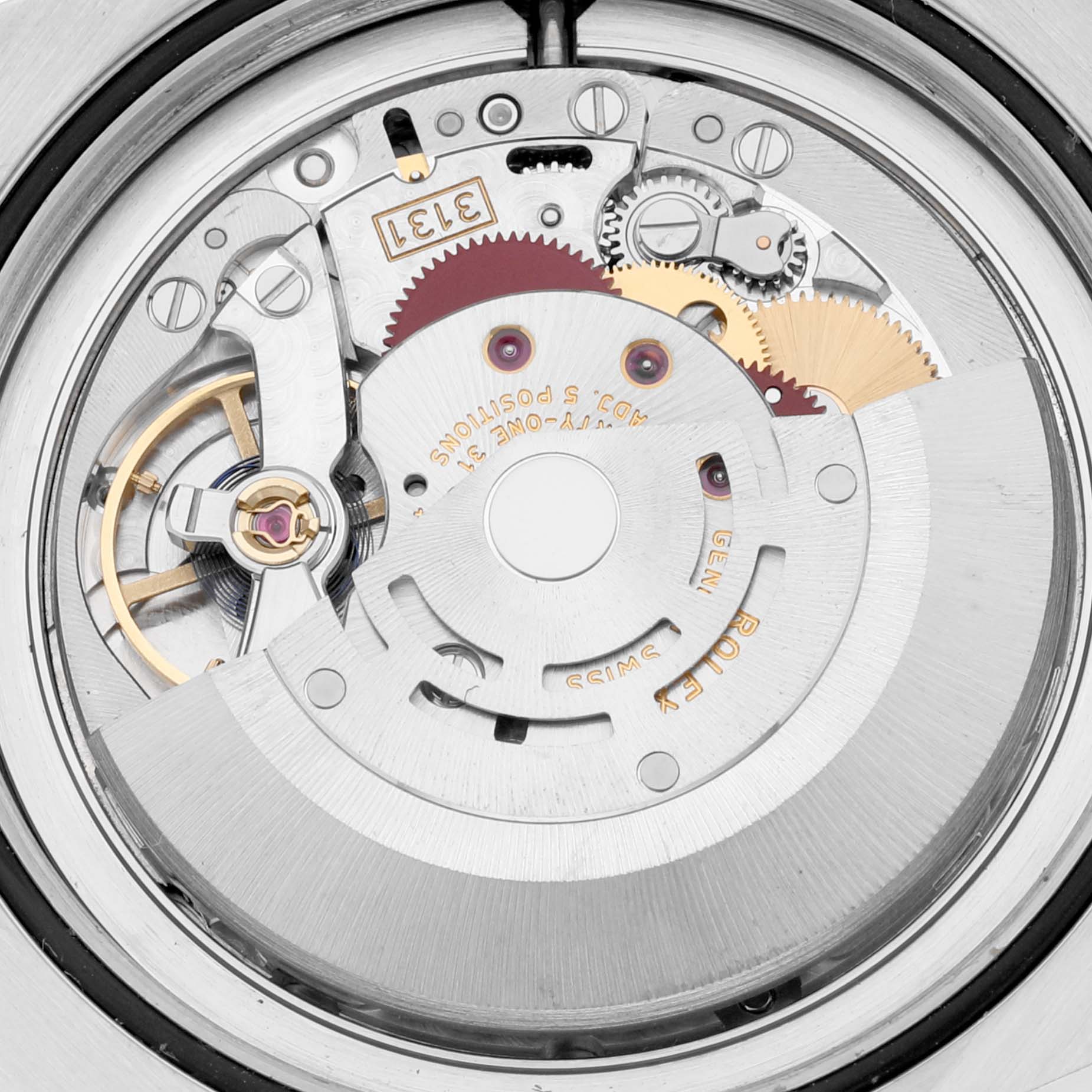 This image shows the internal mechanics of a Rolex Milgauss 116400 Men's Stainless Steel White Dial 116400 Men's Stainless Steel White Dial watch, highlighting the movement components.