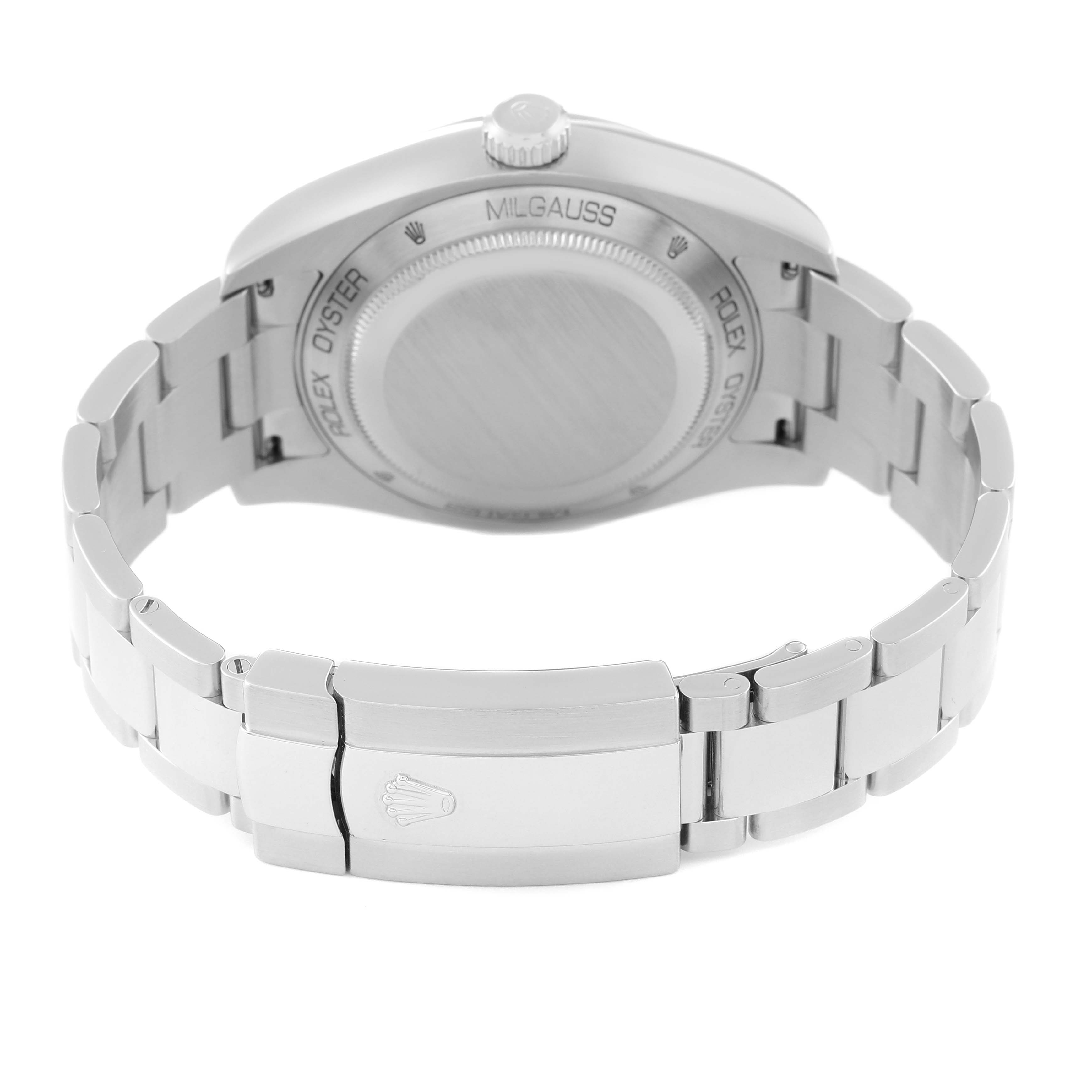 The image shows the back of the Rolex Milgauss 116400 Men's Stainless Steel White Dial 116400 Men's Stainless Steel White Dial watch, focusing on the case and bracelet clasp.