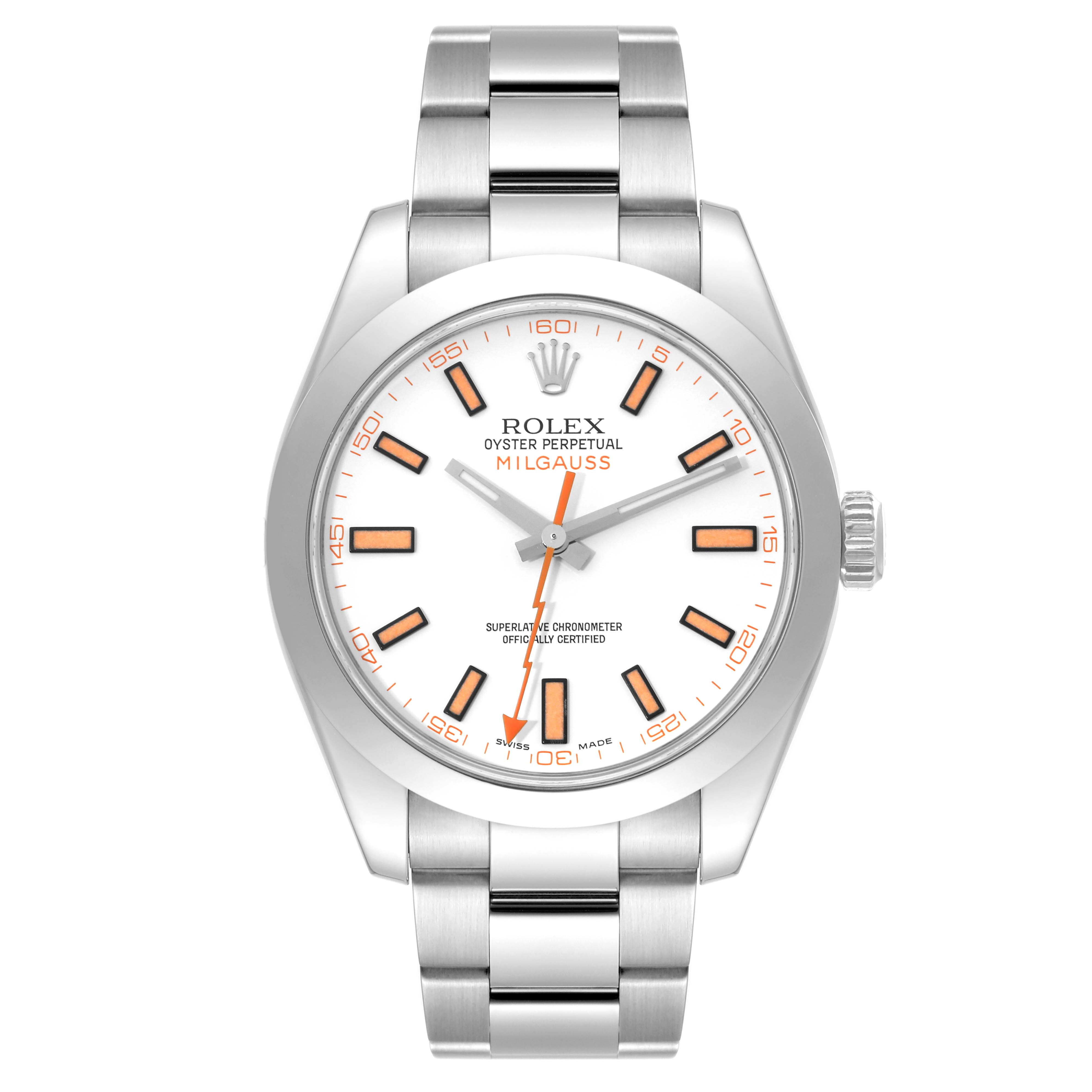 The Rolex Milgauss 116400 Men's Stainless Steel White Dial 116400 Men's Stainless Steel White Dial watch is shown from the front, displaying the dial, hands, bezel, case, and bracelet.