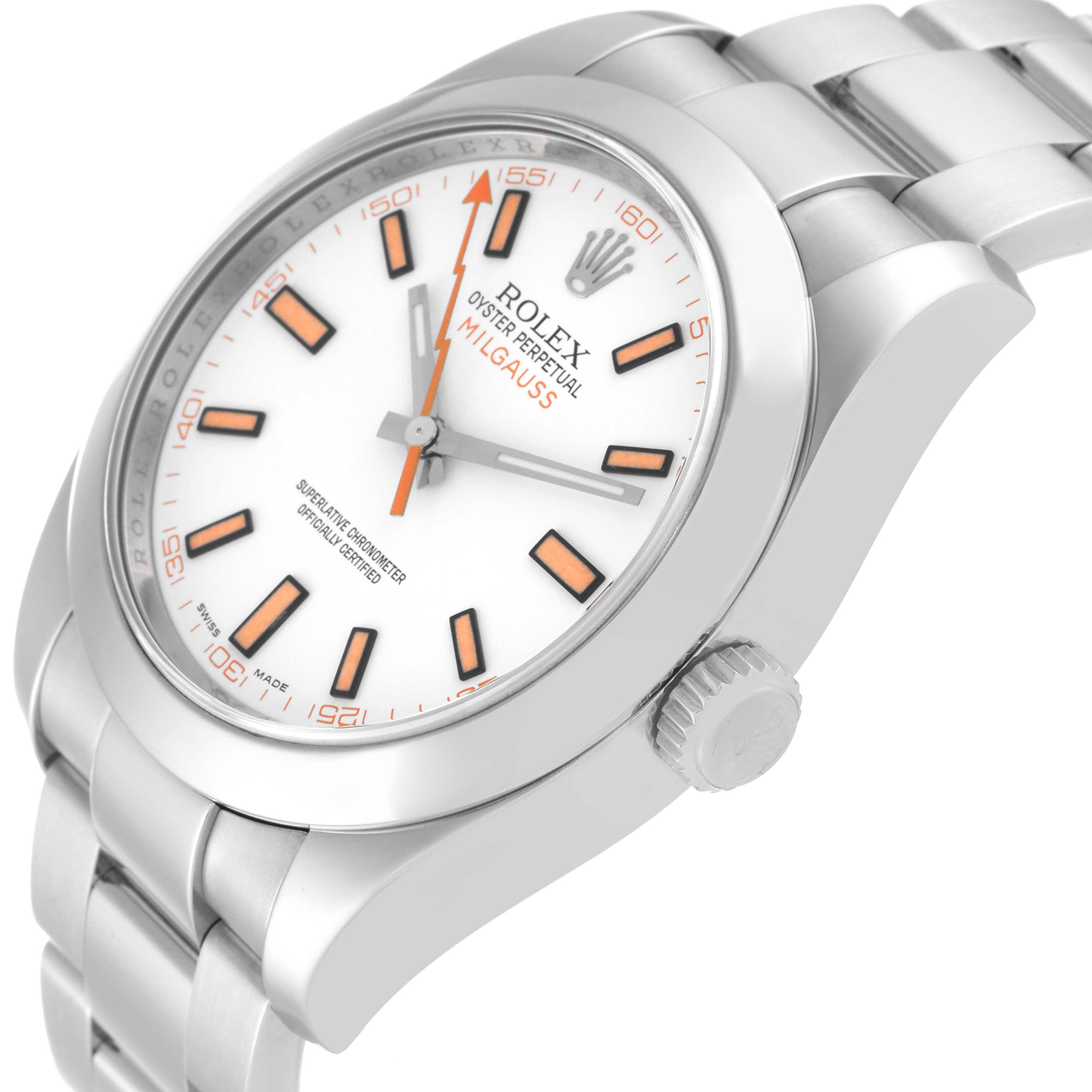 The image shows a Rolex Milgauss 116400 Men's Stainless Steel White Dial 116400 Men's Stainless Steel White Dial watch at a slight angle, highlighting the dial, crown, and part of the bracelet.