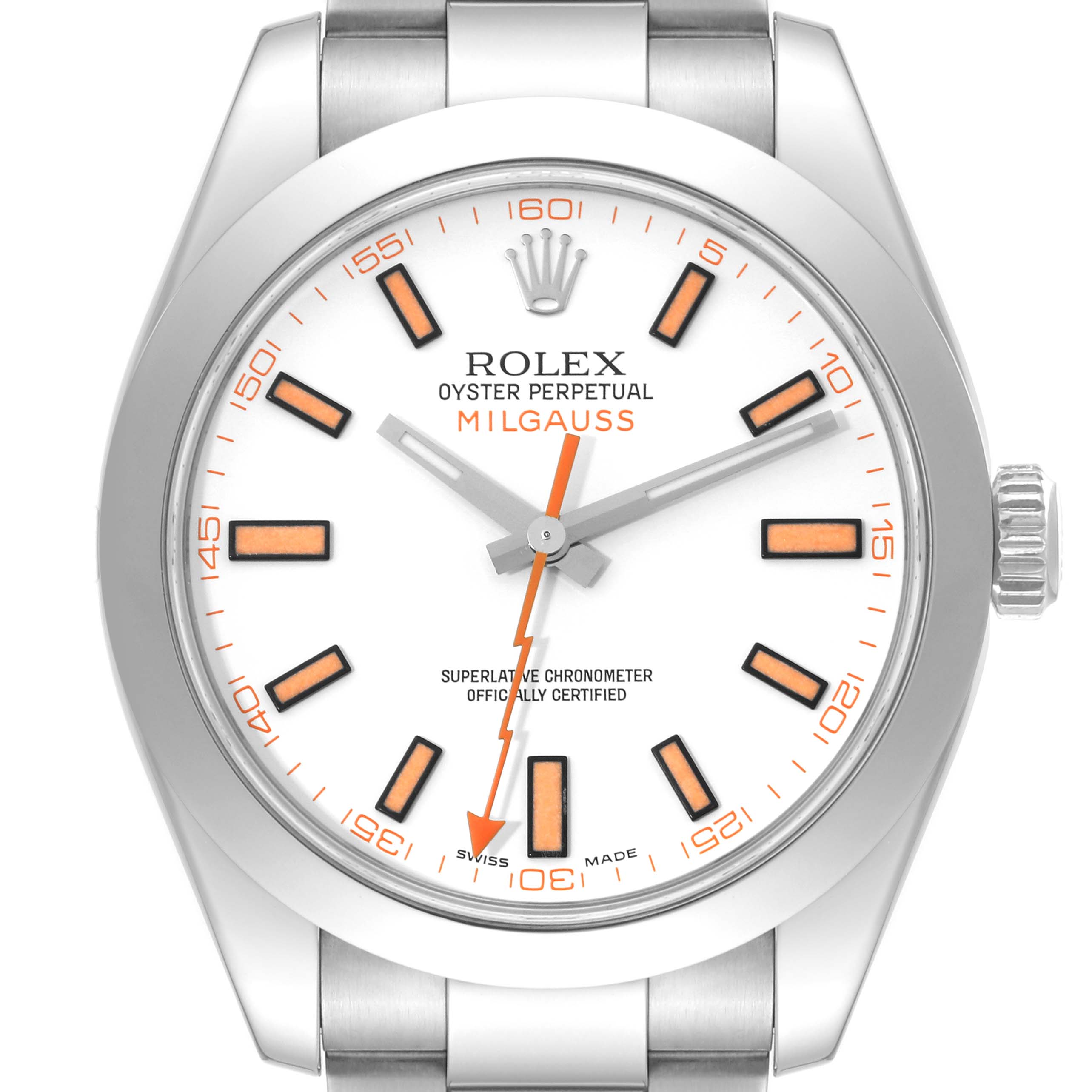 This image shows a front view of a Rolex Milgauss 116400 Men's Stainless Steel White Dial 116400 Men's Stainless Steel White Dial watch, highlighting its white dial, orange markers, and silver bracelet.