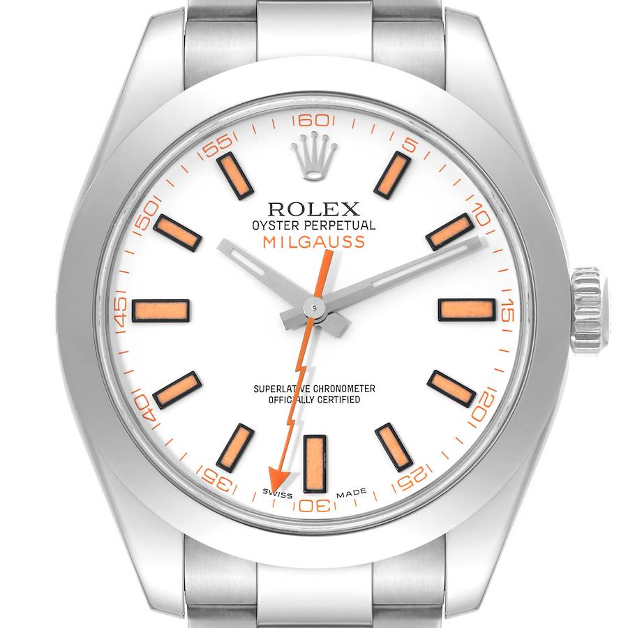 Rolex Milgauss White Dial Orange Markers Steel Mens Watch 116400 SwissWatchExpo