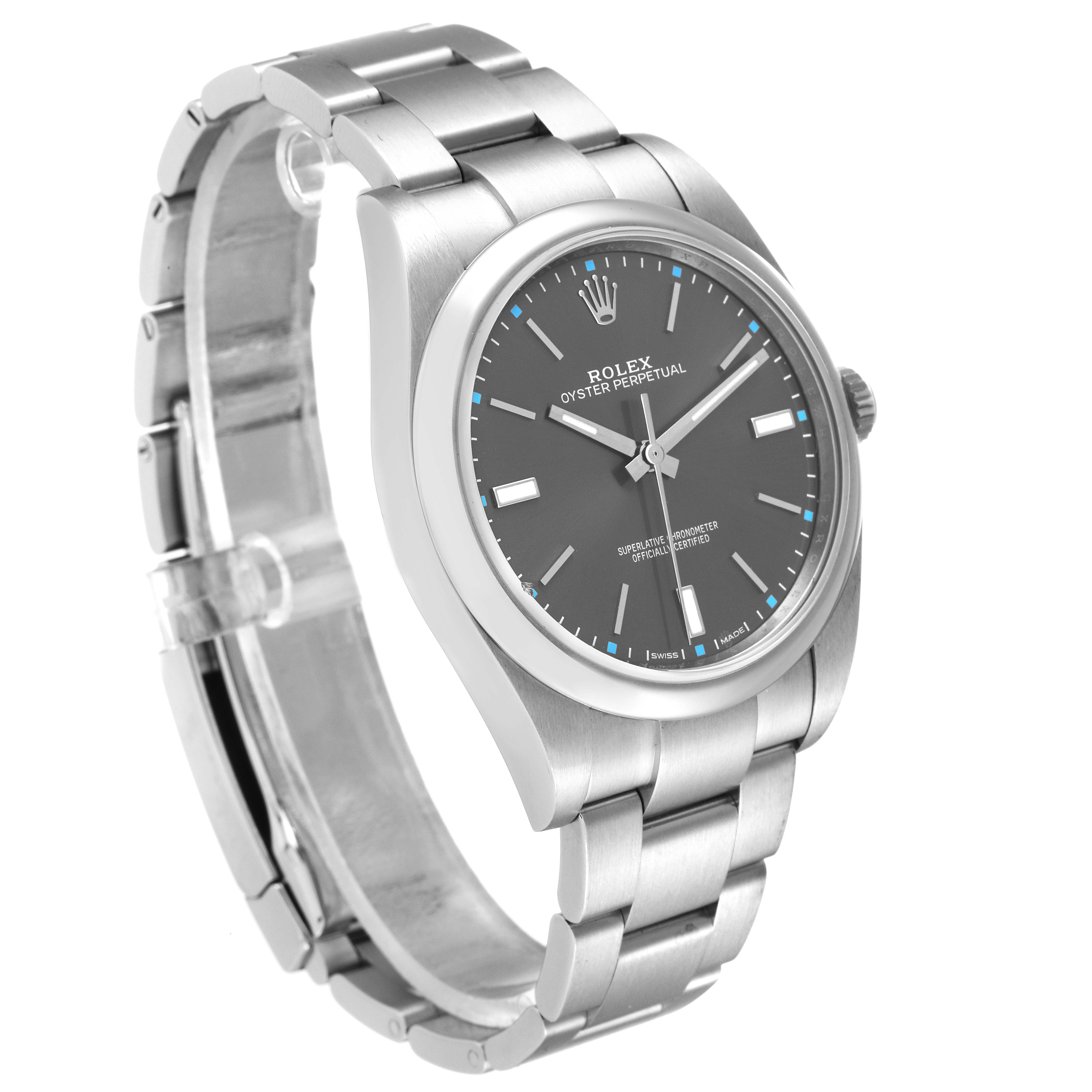 The image shows a Rolex Oyster Perpetual 114300 Men's Stainless Steel Grey Dial 114300 Men's Stainless Steel Grey Dial watch at a three-quarter angle, displaying the face, bezel, and stainless steel bracelet.