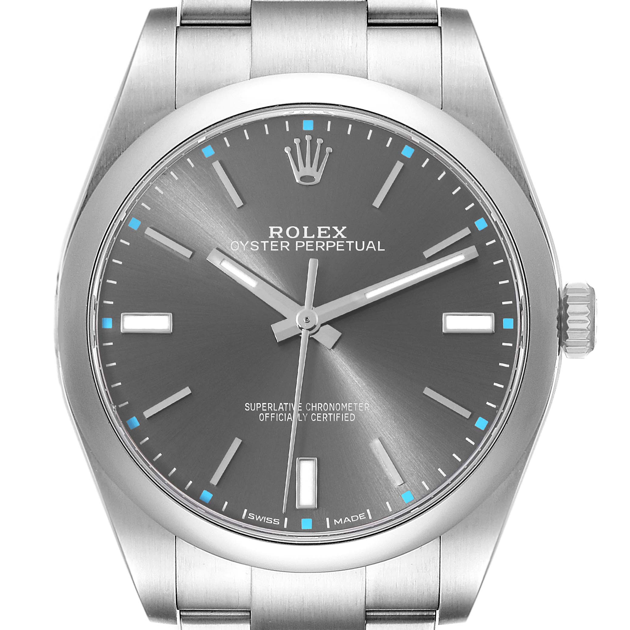 This is a close-up, front view of a Rolex Oyster Perpetual 114300 Men's Stainless Steel Grey Dial 114300 Men's Stainless Steel Grey Dial watch, showing the dial, hands, and part of the bracelet.