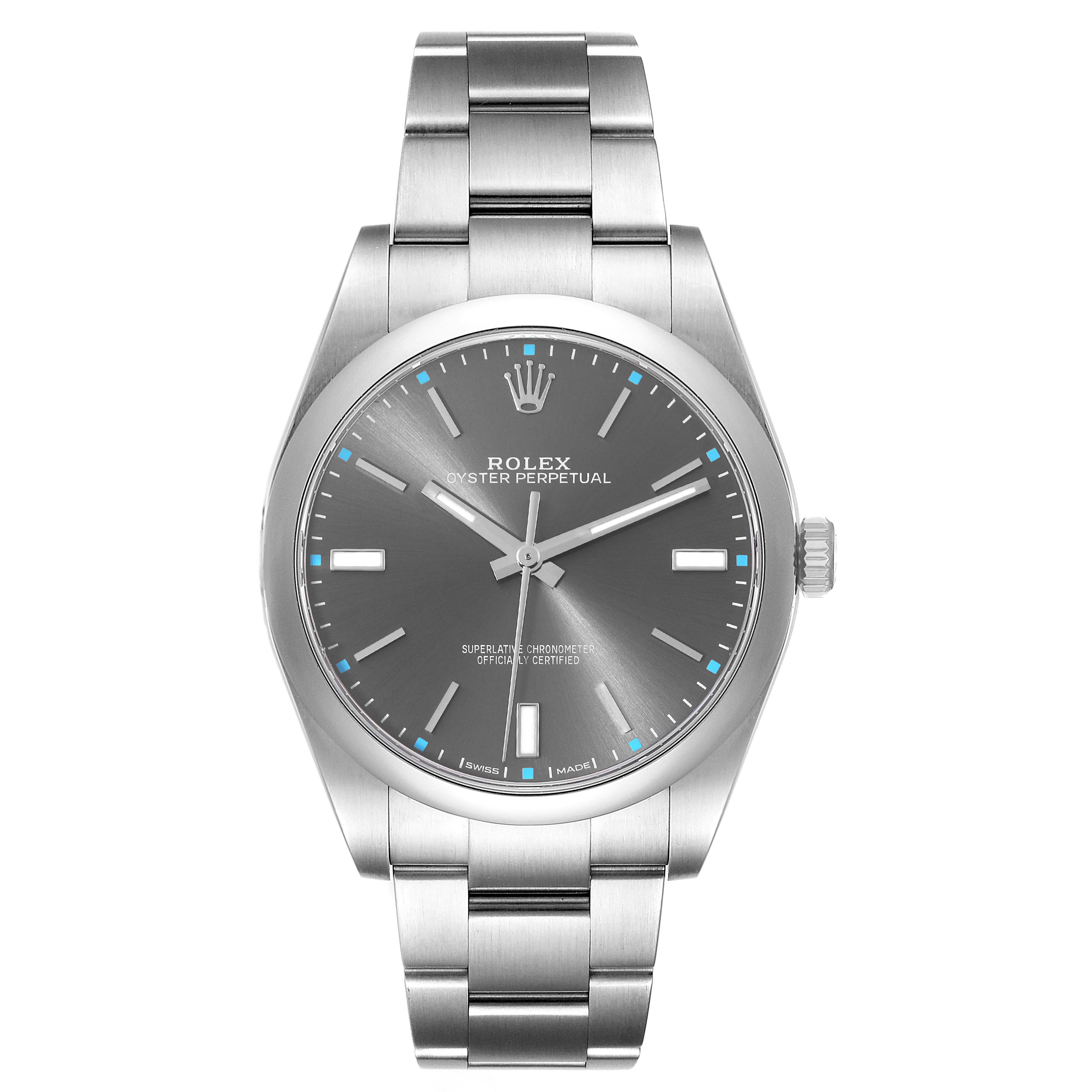 The image shows a front view of a Rolex Oyster Perpetual 114300 Men's Stainless Steel Grey Dial 114300 Men's Stainless Steel Grey Dial watch, displaying its full face and metal bracelet.
