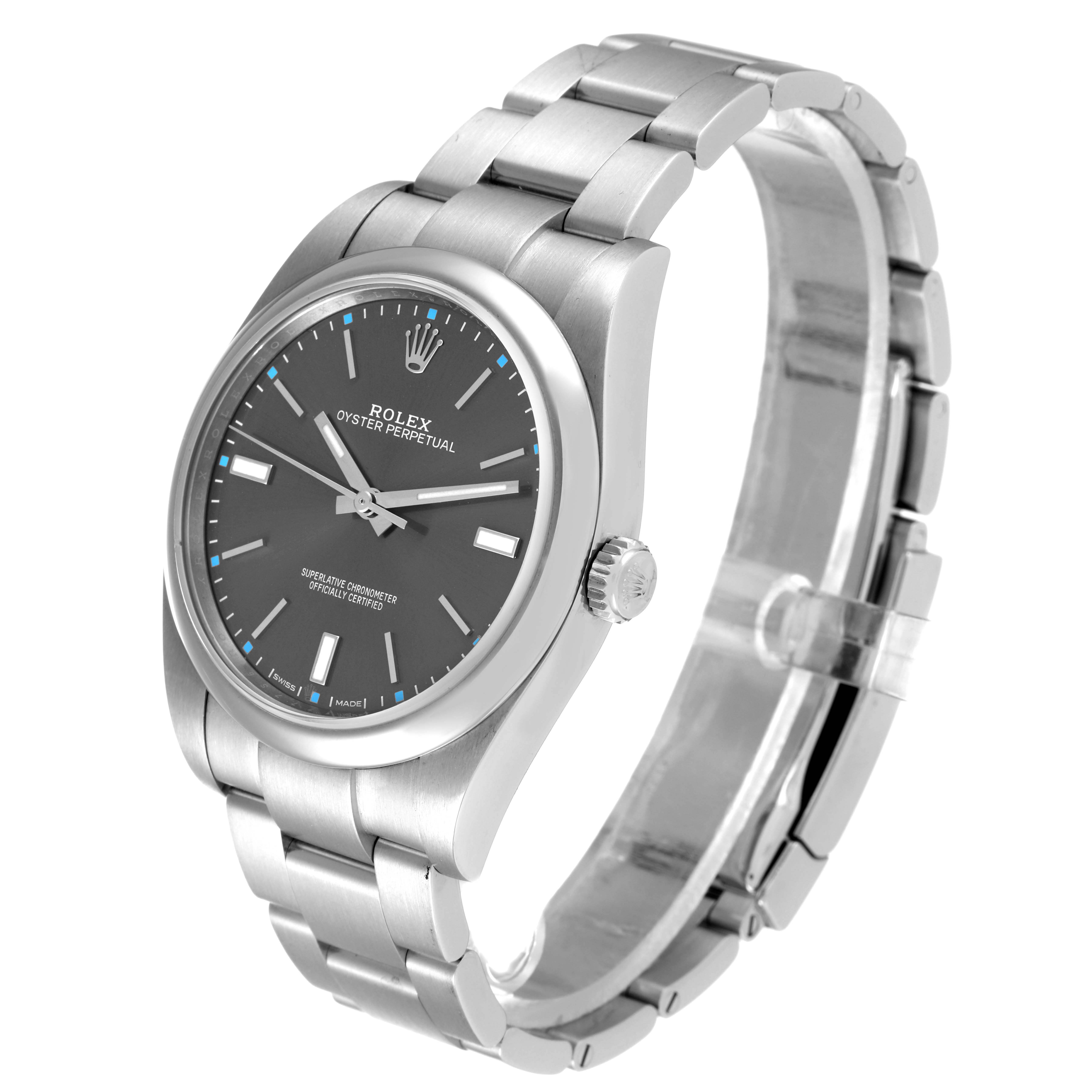 The Rolex Oyster Perpetual 114300 Men's Stainless Steel Grey Dial 114300 Men's Stainless Steel Grey Dial watch is shown at an angled view, displaying its face, crown, and part of the bracelet.