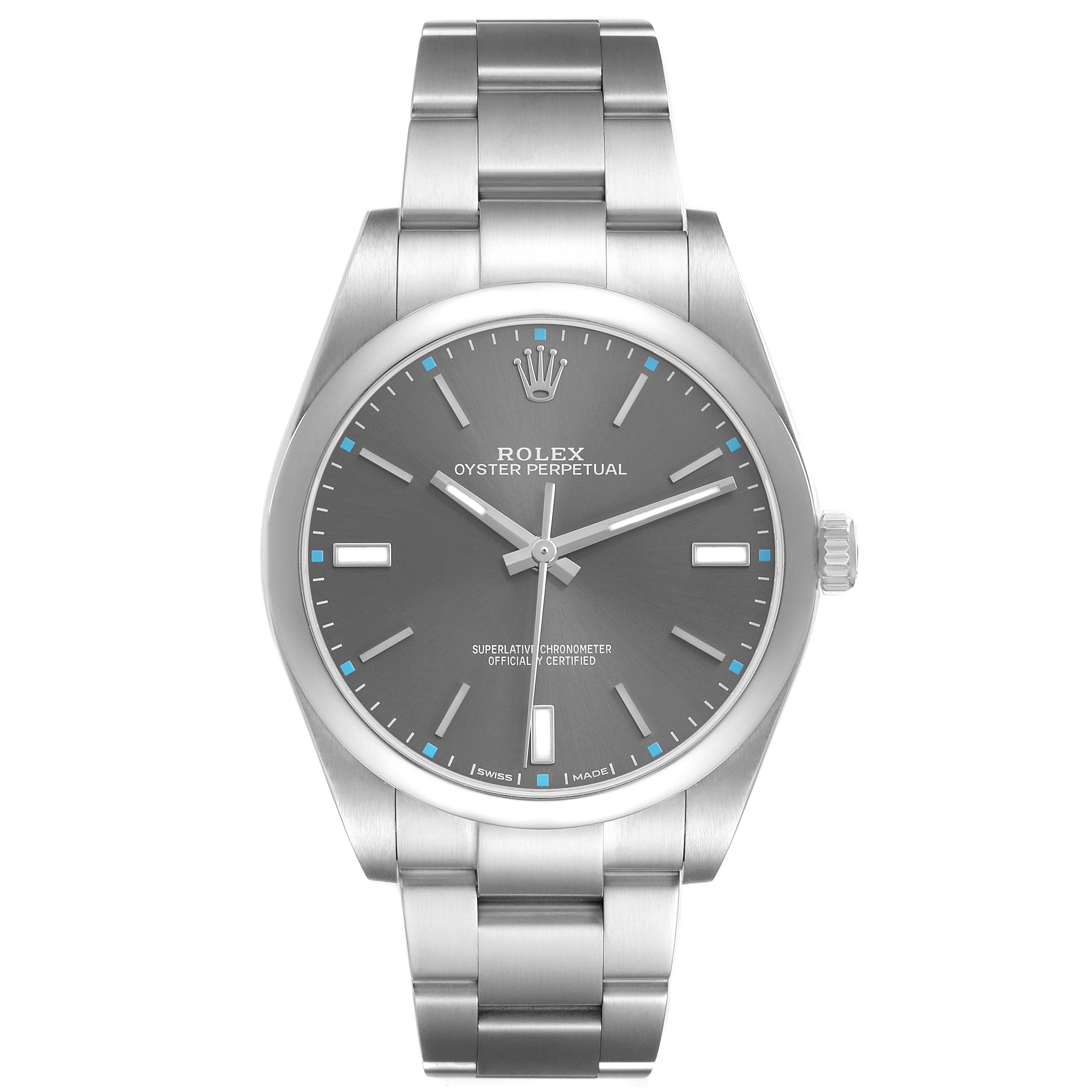 The Rolex Oyster Perpetual 114300 Men's Stainless Steel Grey Dial watch is shown head-on, displaying the dial, bezel, and bracelet.