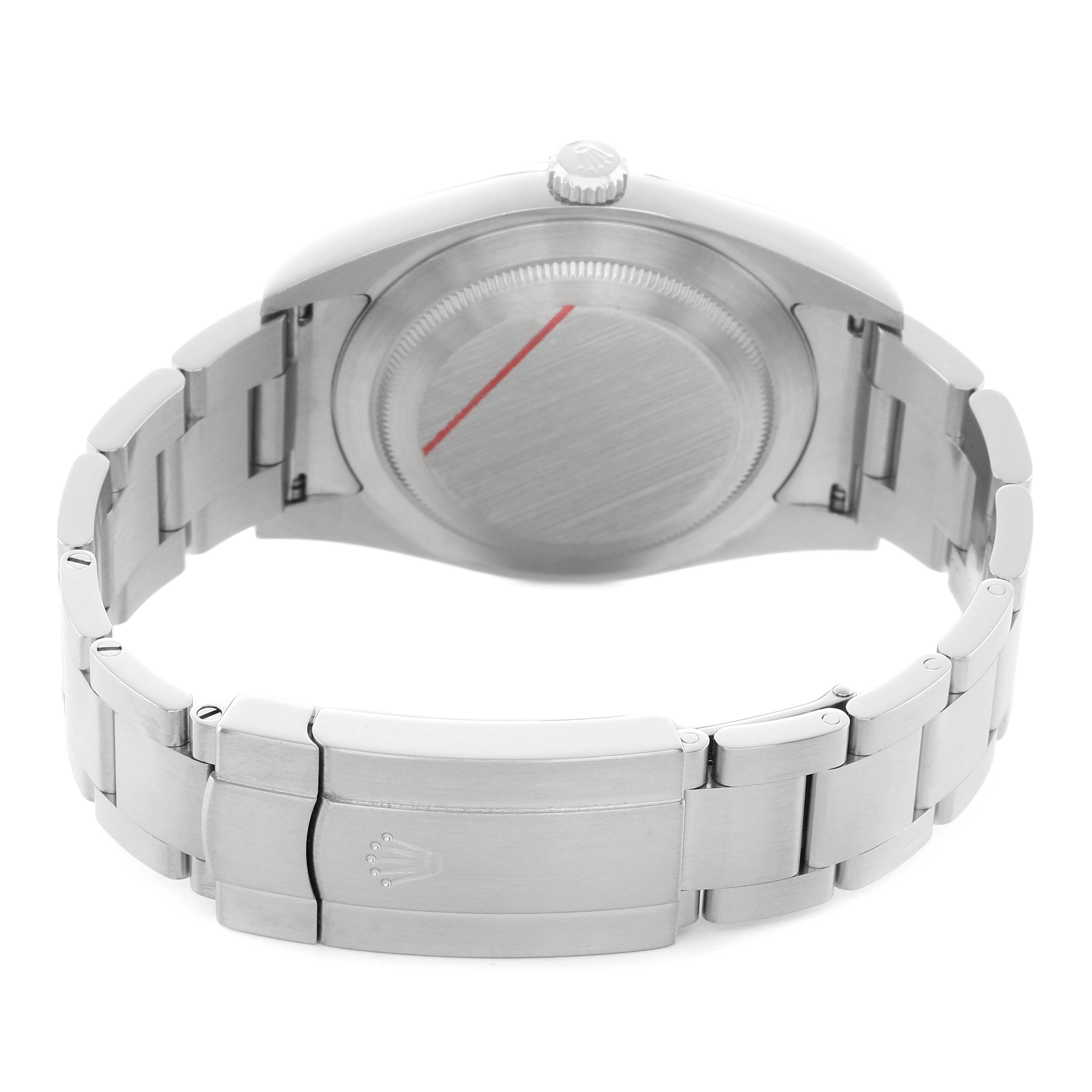 The image shows the back view of the Rolex Oyster Perpetual 114300 Men's Stainless Steel Grey Dial, highlighting the case back, bracelet, and clasp.