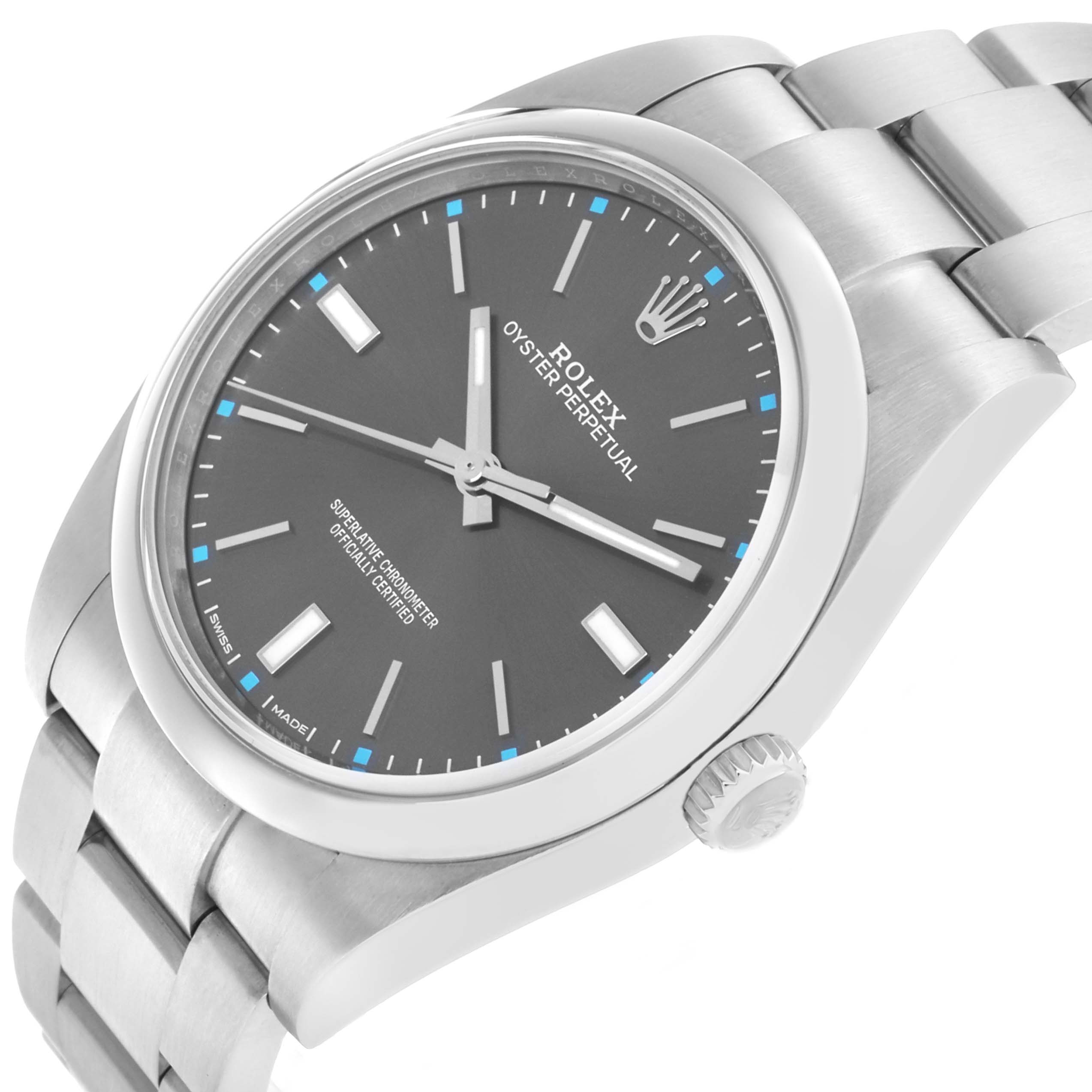 The Rolex Oyster Perpetual 114300 Men's Stainless Steel Grey Dial watch is shown at an angled side view, featuring the dial, bezel, case, crown, and part of the bracelet.