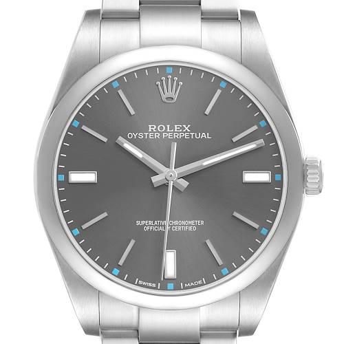 The Rolex Oyster Perpetual 114300 Men's Stainless Steel Grey Dial is shown from a frontal angle, displaying the dial, hands, indices, crown, and part of the bracelet.