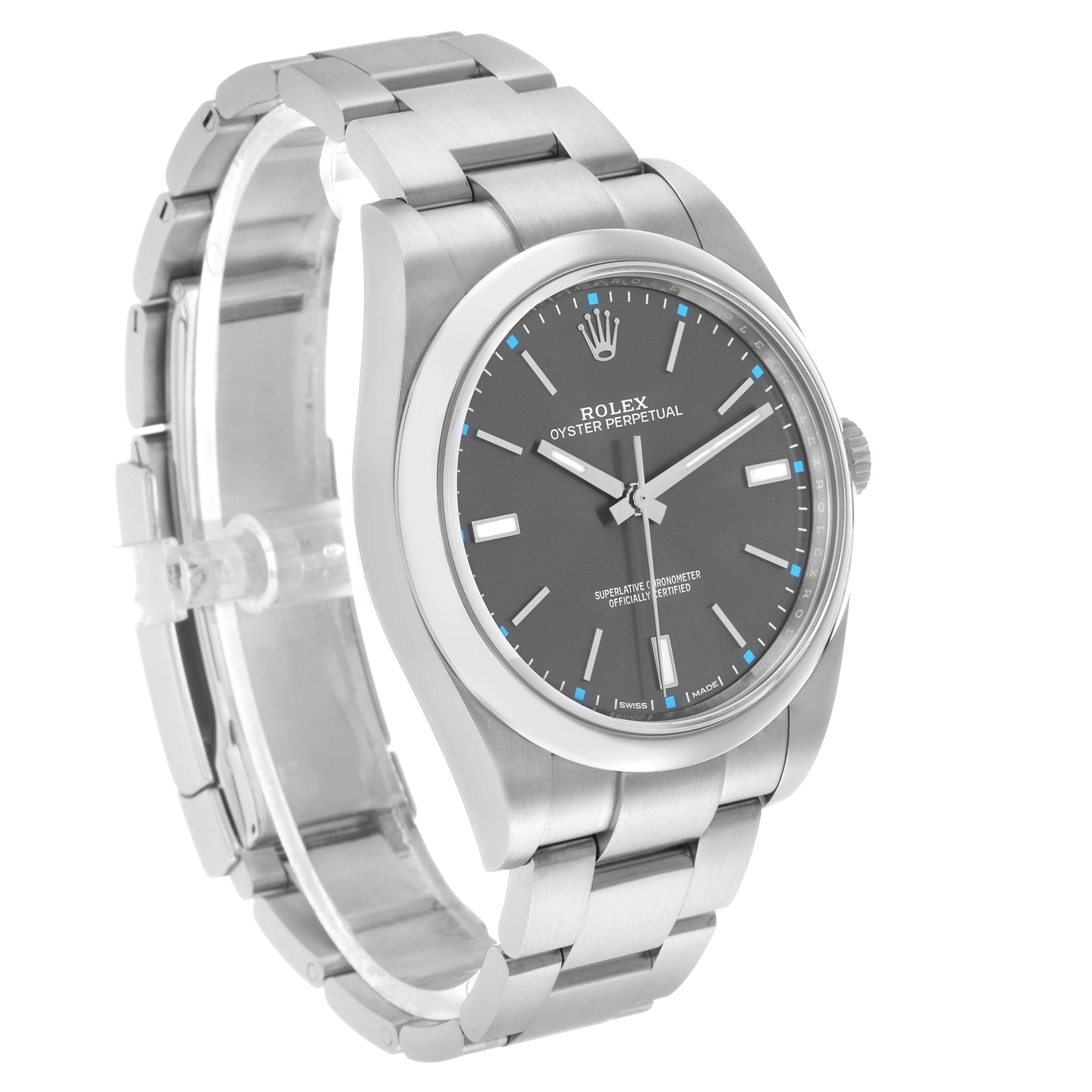 The Rolex Oyster Perpetual 114300 Men's Stainless Steel Grey Dial watch is shown at a three-quarter angle, displaying the dial, case, bracelet, and crown.