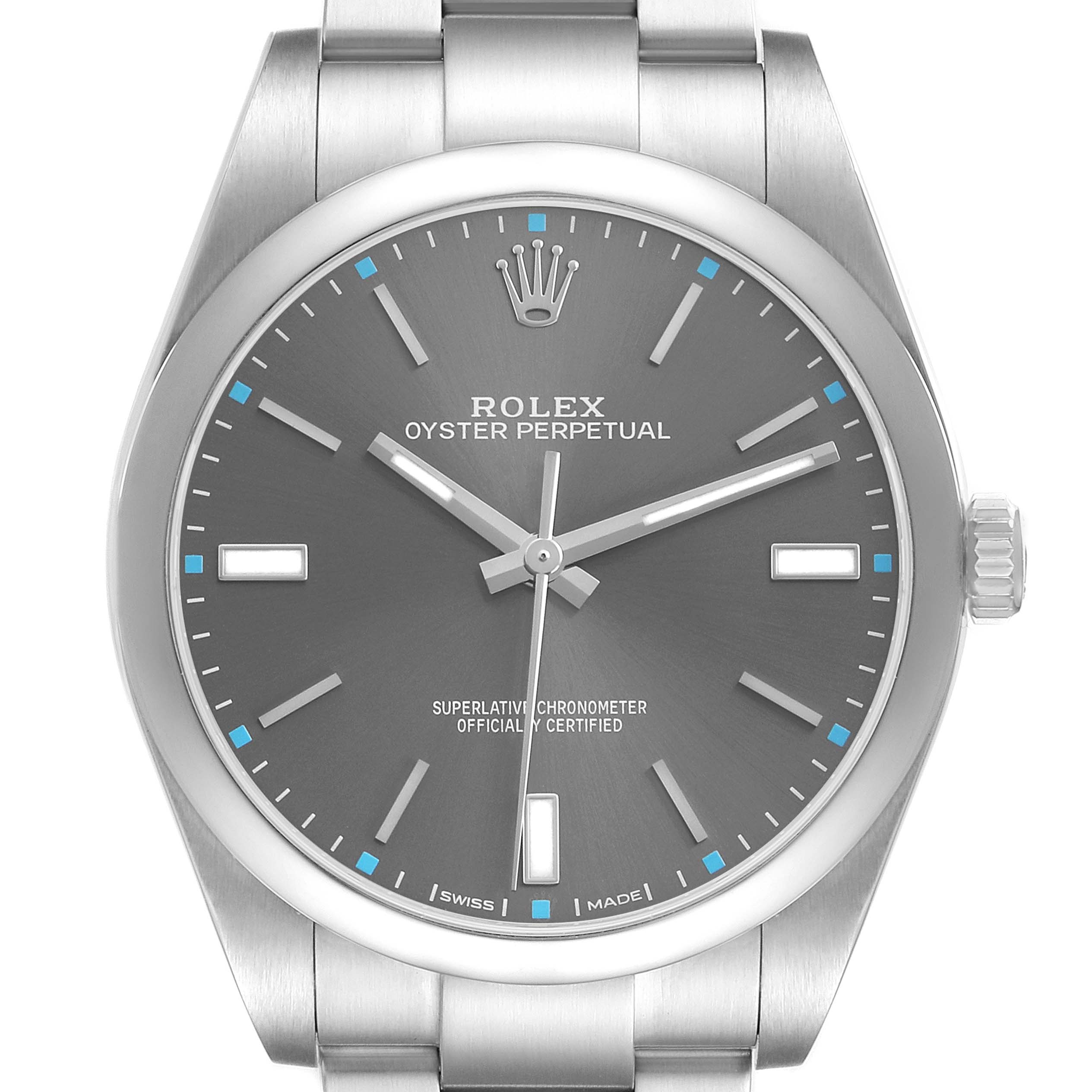 The image shows a front view of a Rolex Oyster Perpetual 114300 Men's Stainless Steel Grey Dial watch, highlighting the dial, hands, markers, and crown.